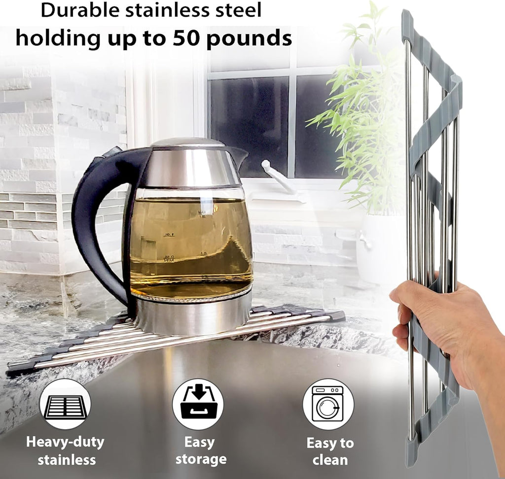 Roll Up Sponge Holder for Counter, Sink Organizer for Kitchen, Bathroom, Laundry Room, 304-Stainless Steel Sink Organizer for Sponge, Brush, Scrubber, Soap Dispenser Holder, Dish Drying Rack (Gray)