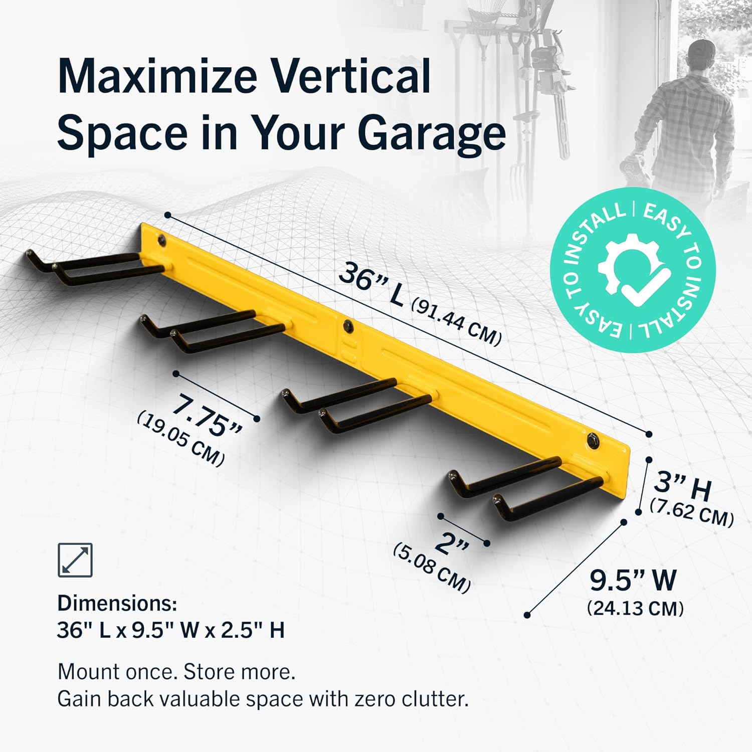 StoreYourBoard Wall-Mounted Rack With 4 Garage Hooks – Heavy-Duty Steel Holder Garage & Garden Storage for Shed, Workshop, or Home Organization – For Rakes, Shovels, Tools & More – 1 Pack, Tractor