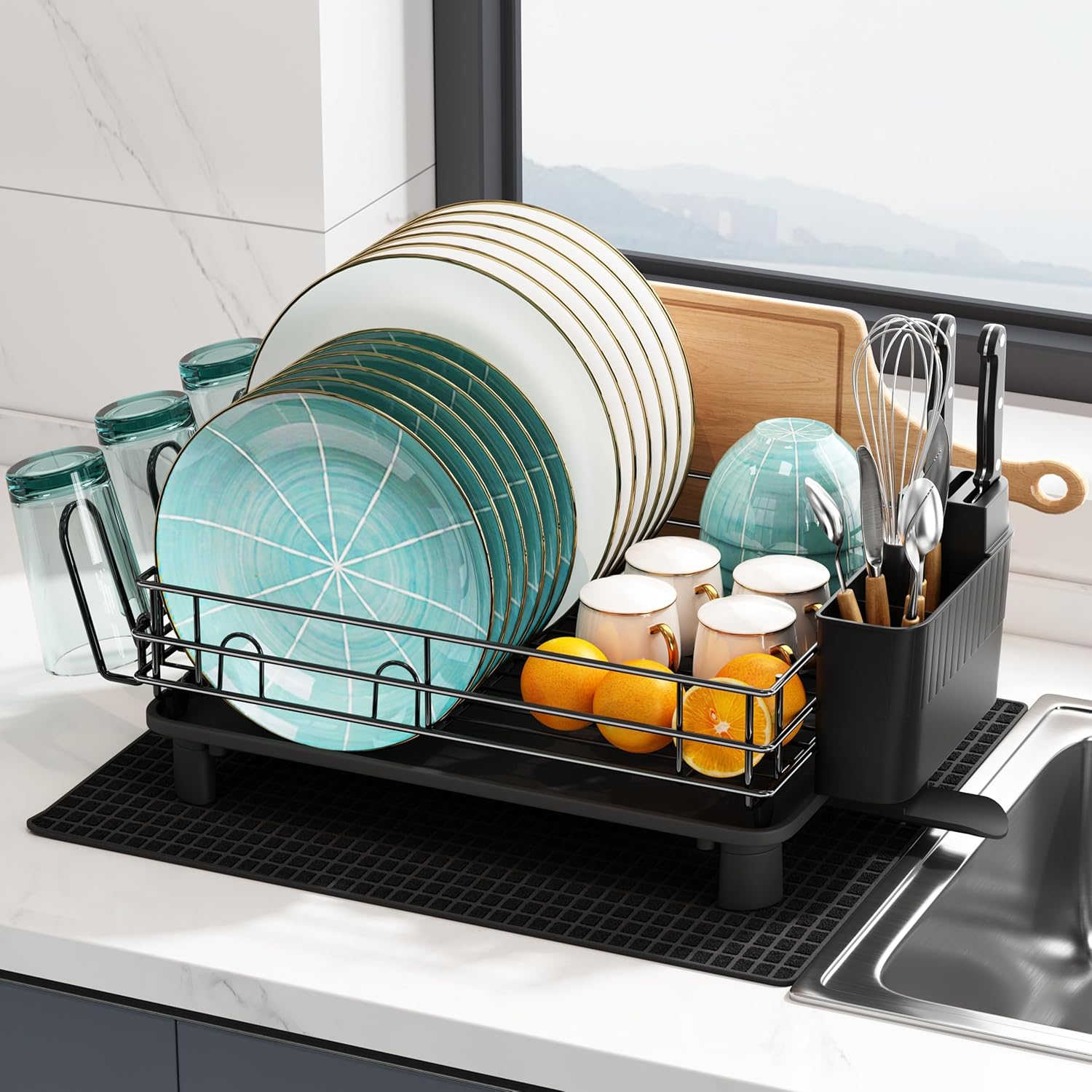 JASIWAY Black Stainless Steel Dish Drainers Drying Rack for Kitchen Counter with Drainboard Set, Rust Proof Metal, Space Saving, Modern Aesthetic, Compact Plates Strainers with Extra Mat