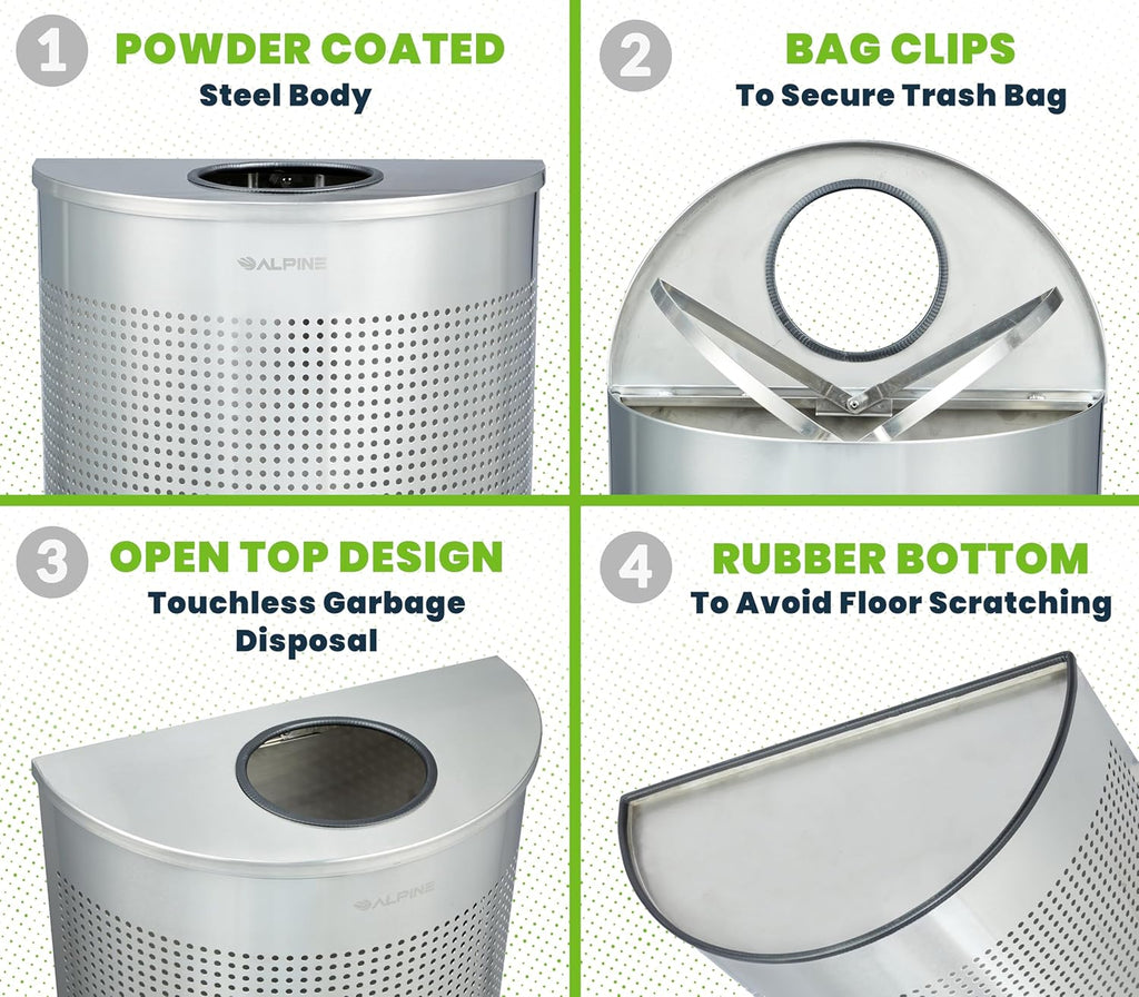 Alpine Half Round Trash Can Open Top - Modern 12 Gallon Stainless Steel Space Saving Indoor Commercial Trash Can, Narrow Garbage Can for Bathroom. Office, Lobby and Business.