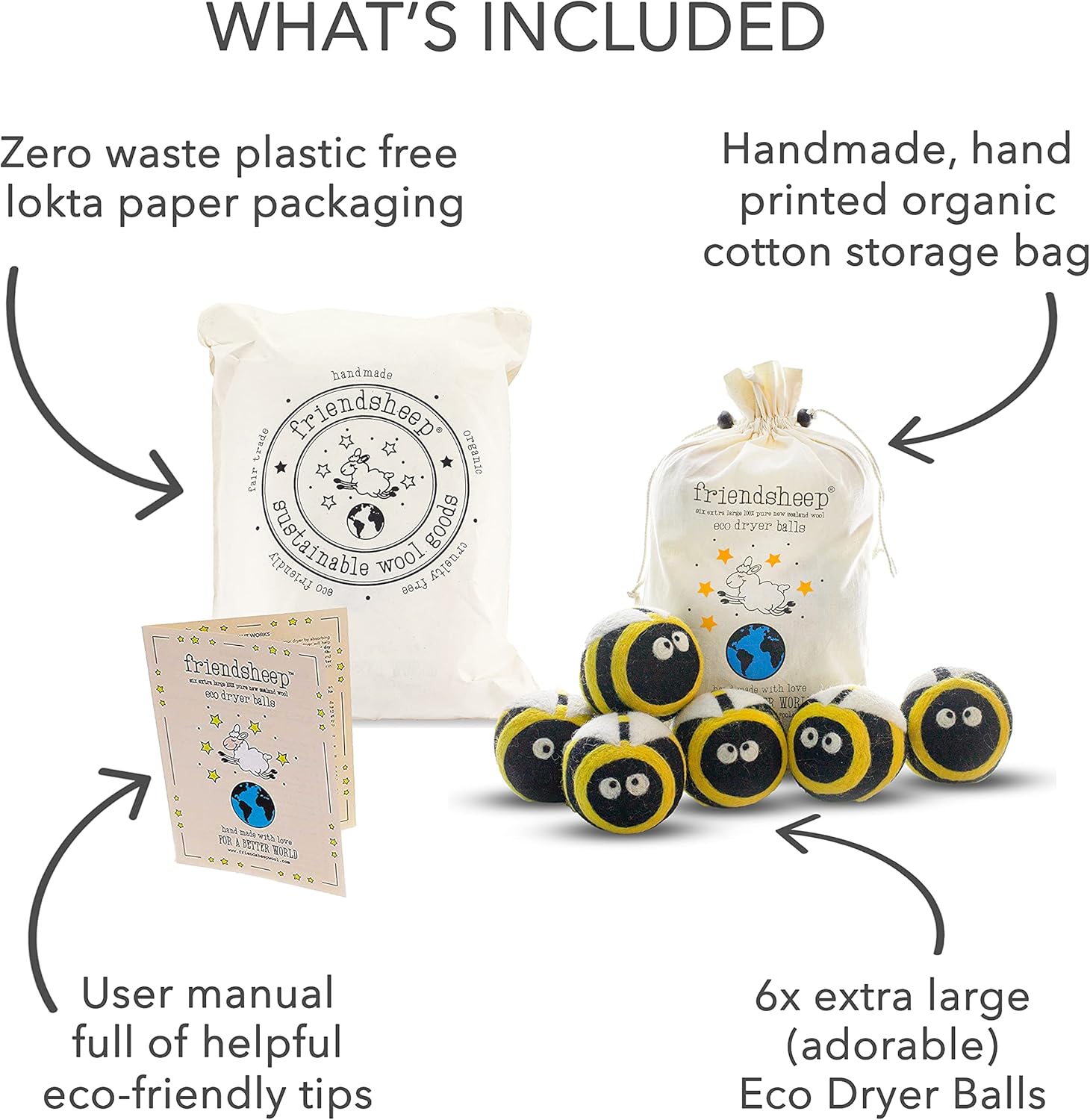 Friendsheep Wool Dryer Balls 6 Pack XL Organic Premium Reusable Cruelty Free Handmade Fair Trade No Lint Fabric Softener Honey Bee Bumblebee - Busy Bees