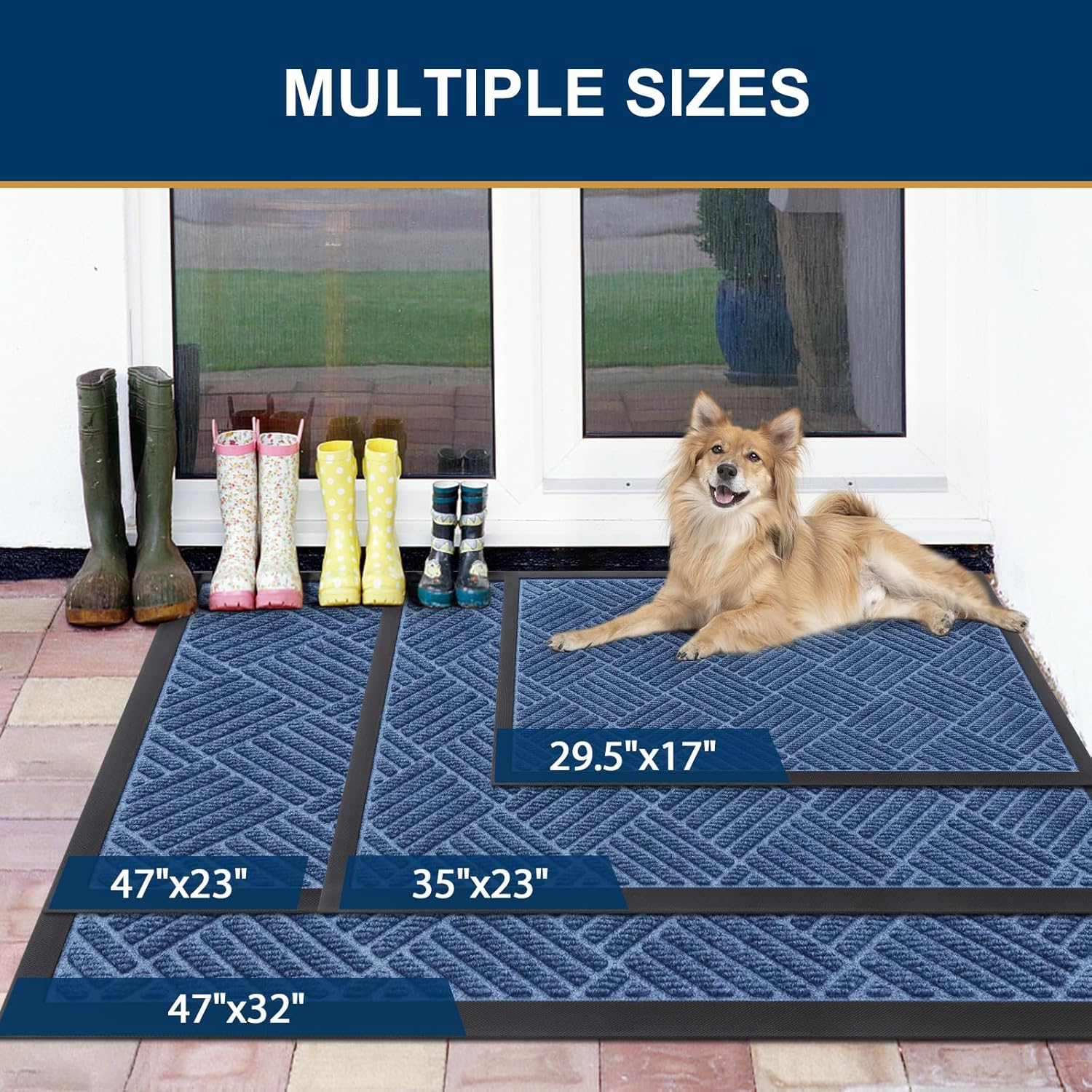 Smiry Front Door Mat Outside Entrance, Heavy Duty Outdoor Indoor Natural Rubber Doormat, Non Slip, Trap Dirt and Moisture, Easy Clean, Low Profile Patio Porch Entryway Mat, 29.5x17, Blue