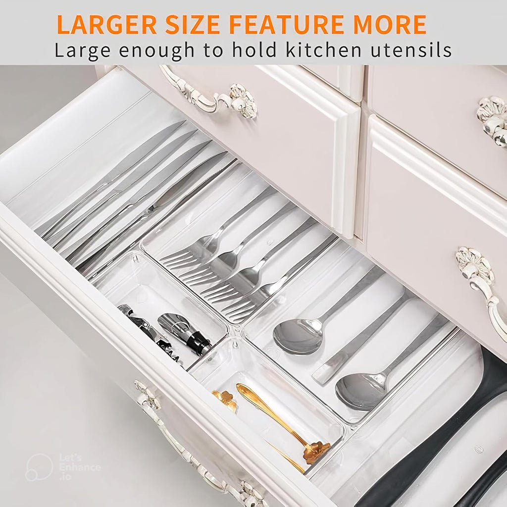 8-Pack Clear Plastic Drawer Organizer Trays – Large Dividers for Kitchen Gadgets, Bathroom Storage, Makeup & Vanity Accessories – Multi-Use Home Essentials for Organized Living