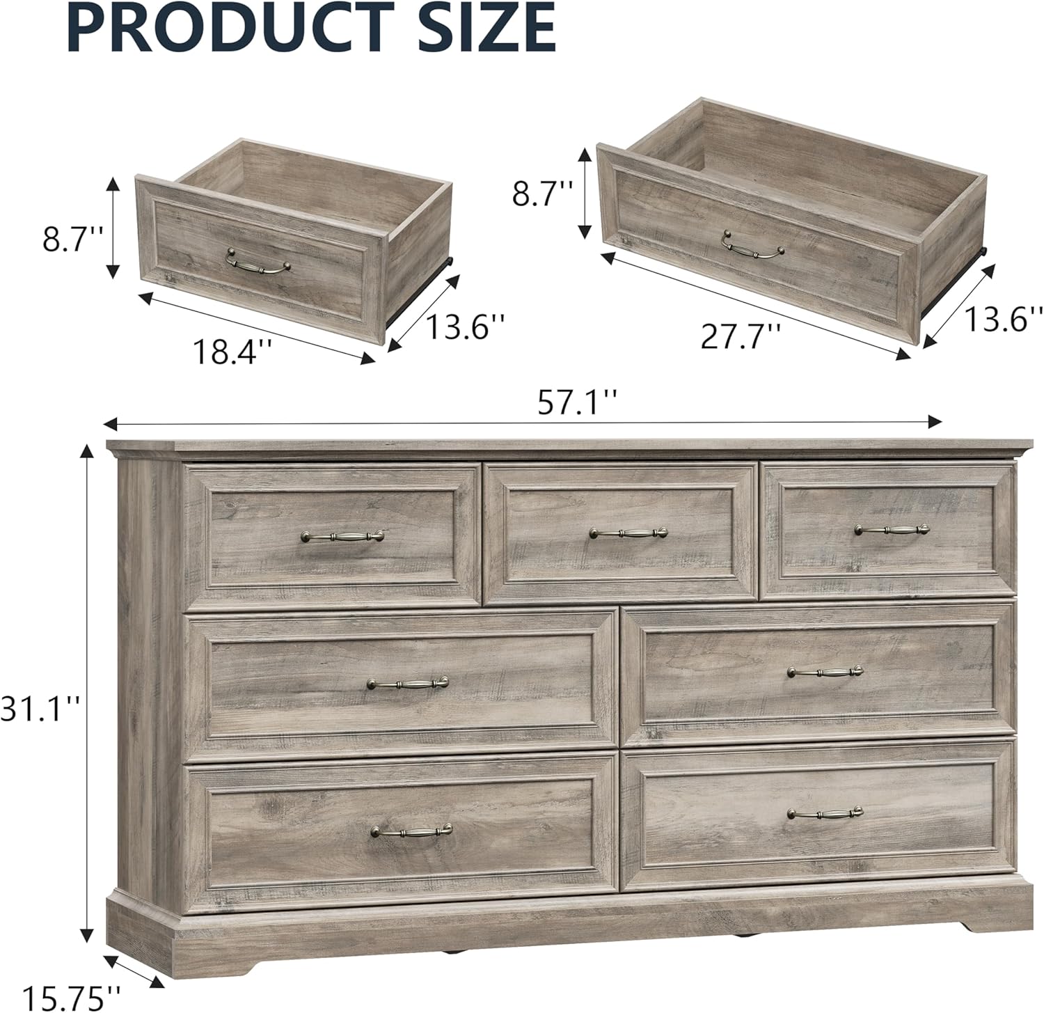 7 Drawer Dresser for Bedroom, 57" Wide Wooden Chest of Drawers, Rustic Farmhouse Dresser with Large Drawers & Metal Handles, Modern Storage Organizer for Closet, Living Room, Hallway, Grey