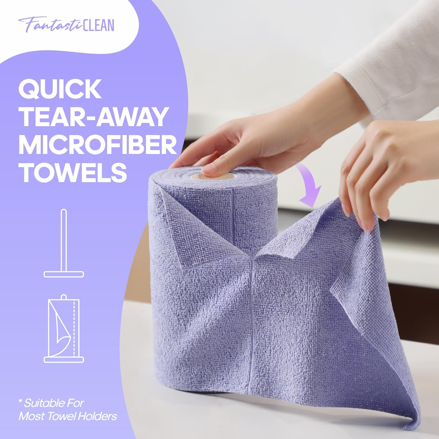 Fantasticlean Microfiber Cleaning Cloth Roll 2 Rolls 120 Pack, Tear Away Paperless Towels, 8" x 8", Reusable Washable Rags, Home Kitchen, Pet, Office, Indoor Outdoor, Portable (Pink and Light-Purple)