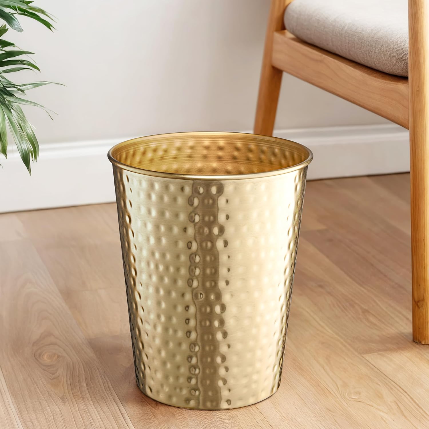 Monarch Abode Brushed Gold Hand Hammered Metal Wastebasket for Home Office Bedroom, Decorative Waste Basket, Modern Garbage Can, Durable & Decorative Trash Bin, Brushed Gold Bathroom Trash Can
