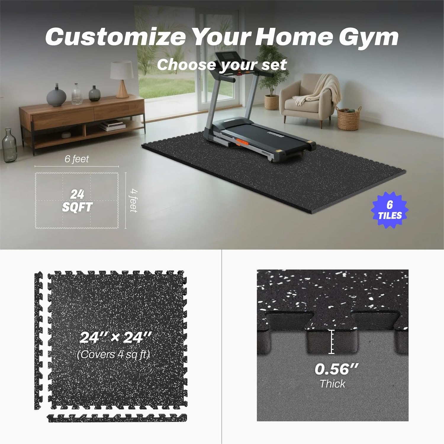AIRHOP 0.56in Thick 24 Sq Ft Exercise Equipment Mats, 6 Tiles Upgraded Rubber Top with High Density EVA Foam, Large Interlocking Puzzle Gym Flooring for Home Gym, Heavy Weight Workout, 24 x 24in