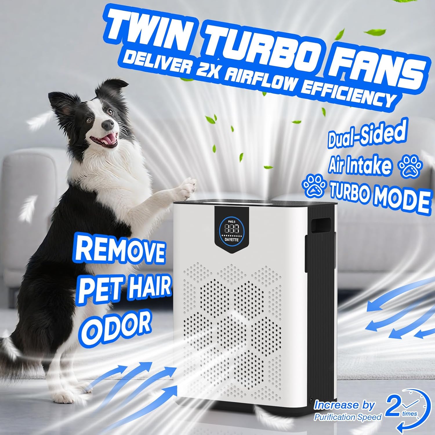 DAYETTE Air Purifiers for Home Large Room Up to 3000 Ft² with 2xH14 HEPA Filters, Air Purifiers for Pets Bedroom with Washable PreFilters, 2 TIMES Purification Speed In Turbo Mode for Dust, Hair, Odor