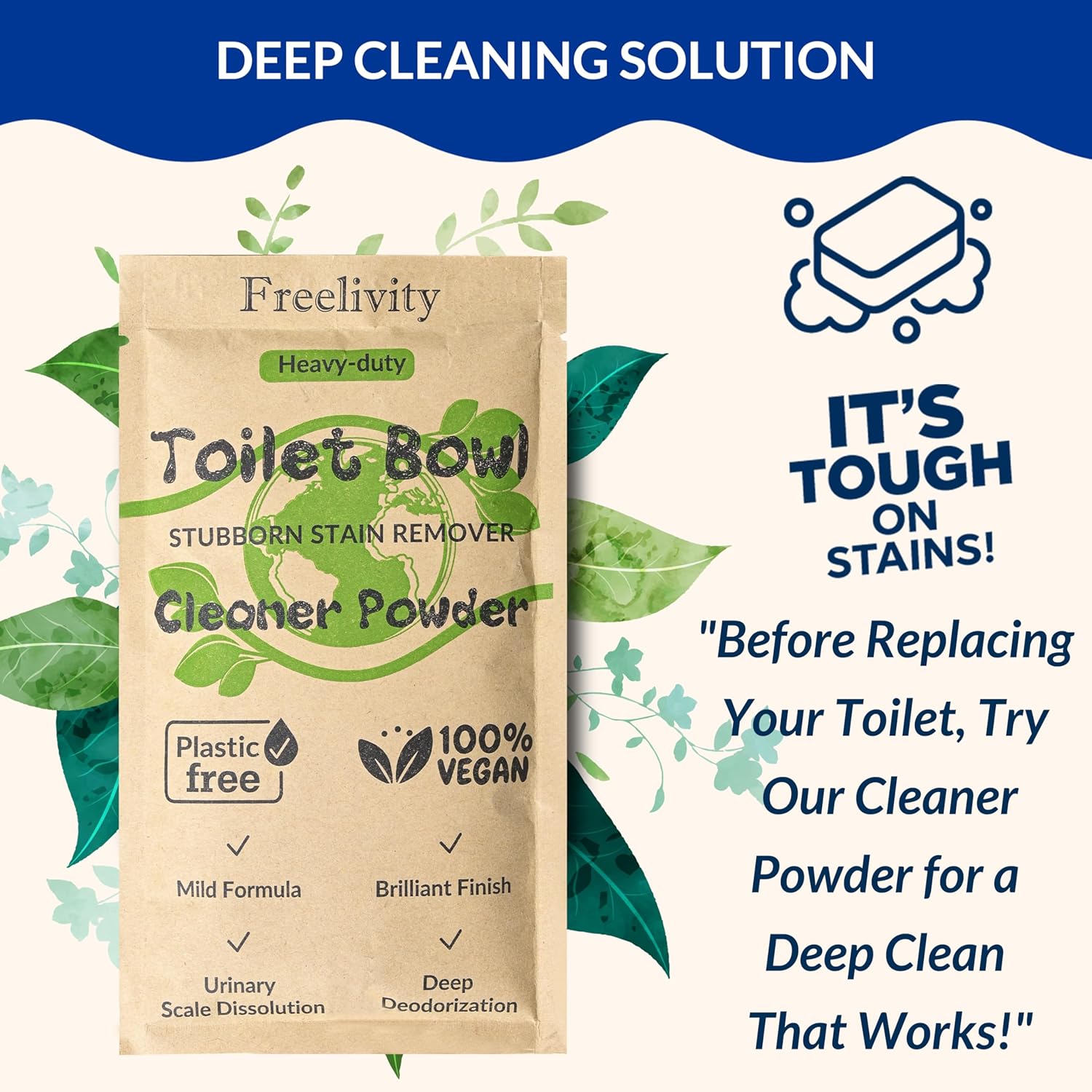 Freelivity Heavy Duty Toilet Bowl Cleaner Powder - Cleans Hard Water Rings, Calcium Buildup & Stains - 2 Treatments - Plastic-Free, 1 Pack