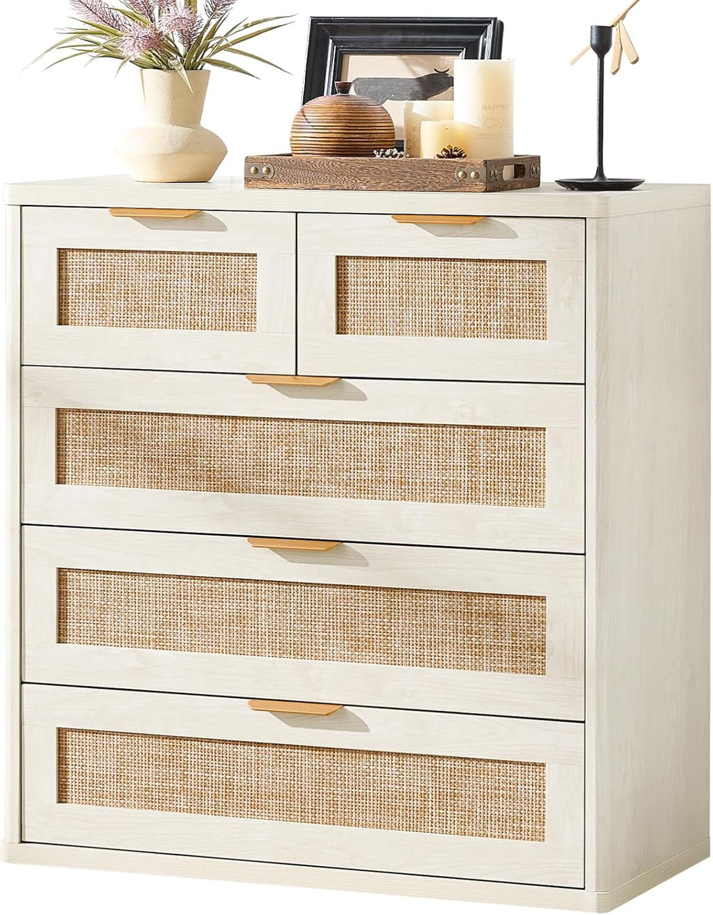 LEYAOYAO White Dresser for Bedroom, 33.5" Tall Chest of Drawers, Modern 5 Drawers Boho Rattan Dressers with Storage, Dresser Wooden Closet Organizer for Living Room, Hallway