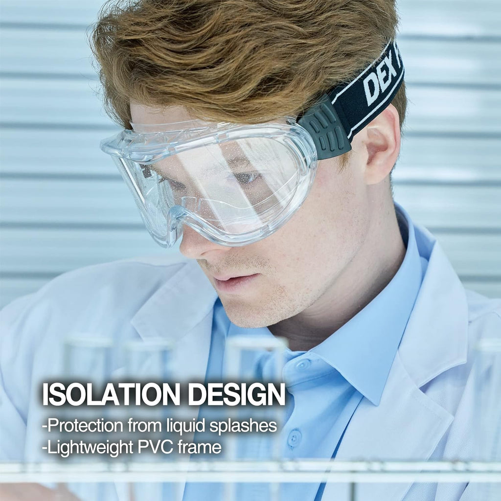 DEX FIT Protective Safety Goggles SG220A; OTG Over Glasses Fit, Anti Fog & Scratch, Z87 Eye Protection for Lab, Science, and Chemistry Work, Indirectly Vented, Adjustable for Women and Men