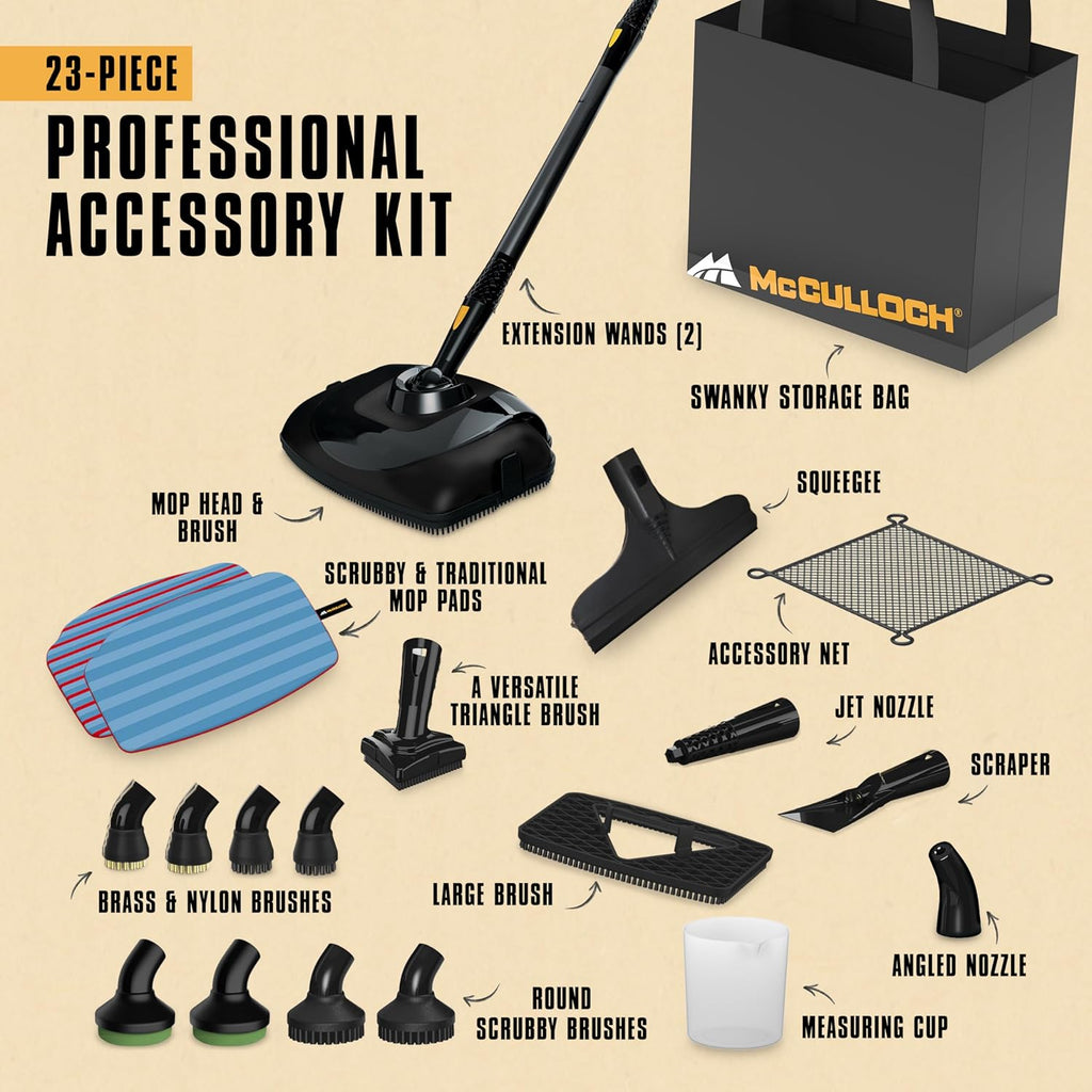 McCulloch MC1385 Deluxe Canister Steam Cleaner, 2-Hour Runtime, Chemical-Free, 23 Accessories: Mop Head, Brushes & More - Built for Home, Tile, Carpet, Furniture, & Personal Car Detailing