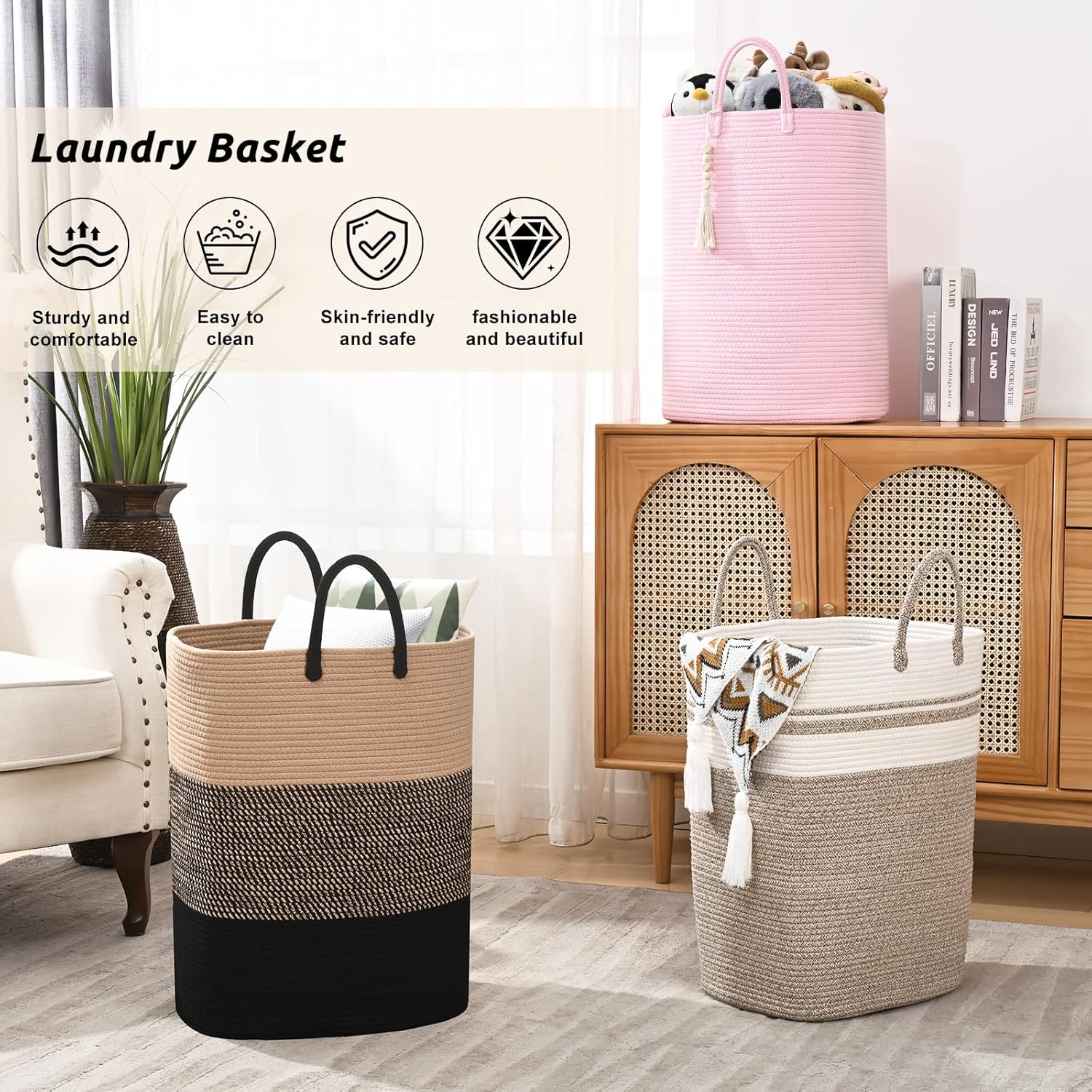 Woven Laundry Basket for Clothes, 65L Large Rectangle Laundry Hampers, Nursery Storage Basket for Toys, Tall Dirty Clothes Hamper for Bedroom Aesthetic, Bathroom, Laundry Room