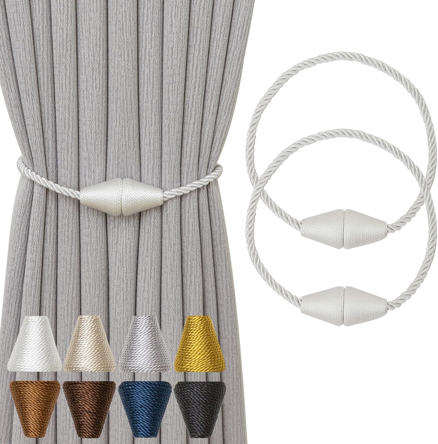 Magnetic Curtain Tiebacks 2 Pack Outdoor Rope Curtain Tie Backs Decorative Window Treatment Holdbacks for Home Decorative Curtain, White