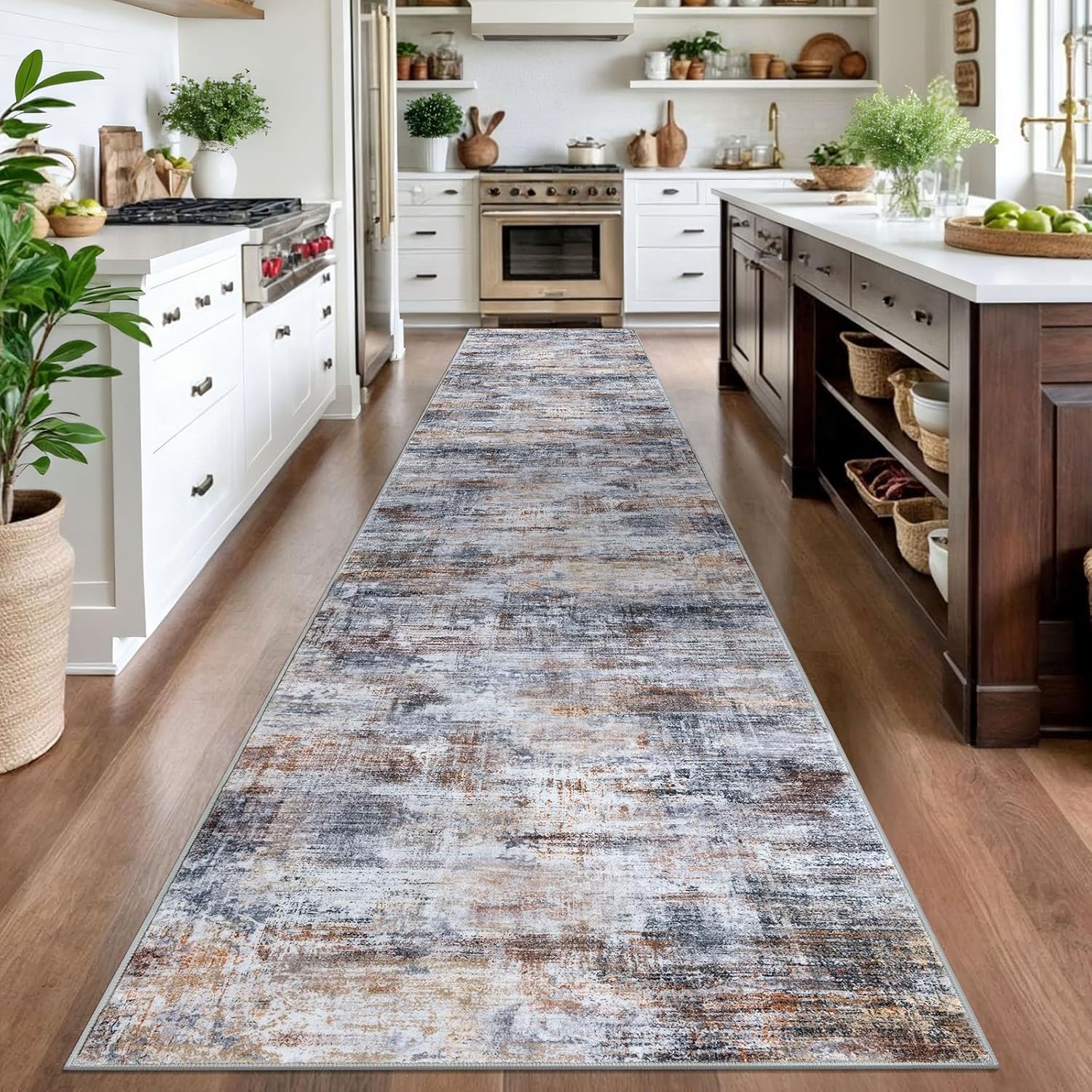 IOHOUZE Abstract Runner Rug 3x16 Ft Washable Runners for Hallways, Non Slip Kitchen Runner Printed Faux Wool Entryway Runner Indoor, Modern Abstract Floor Carpet for Hall Stair, Orange Grey