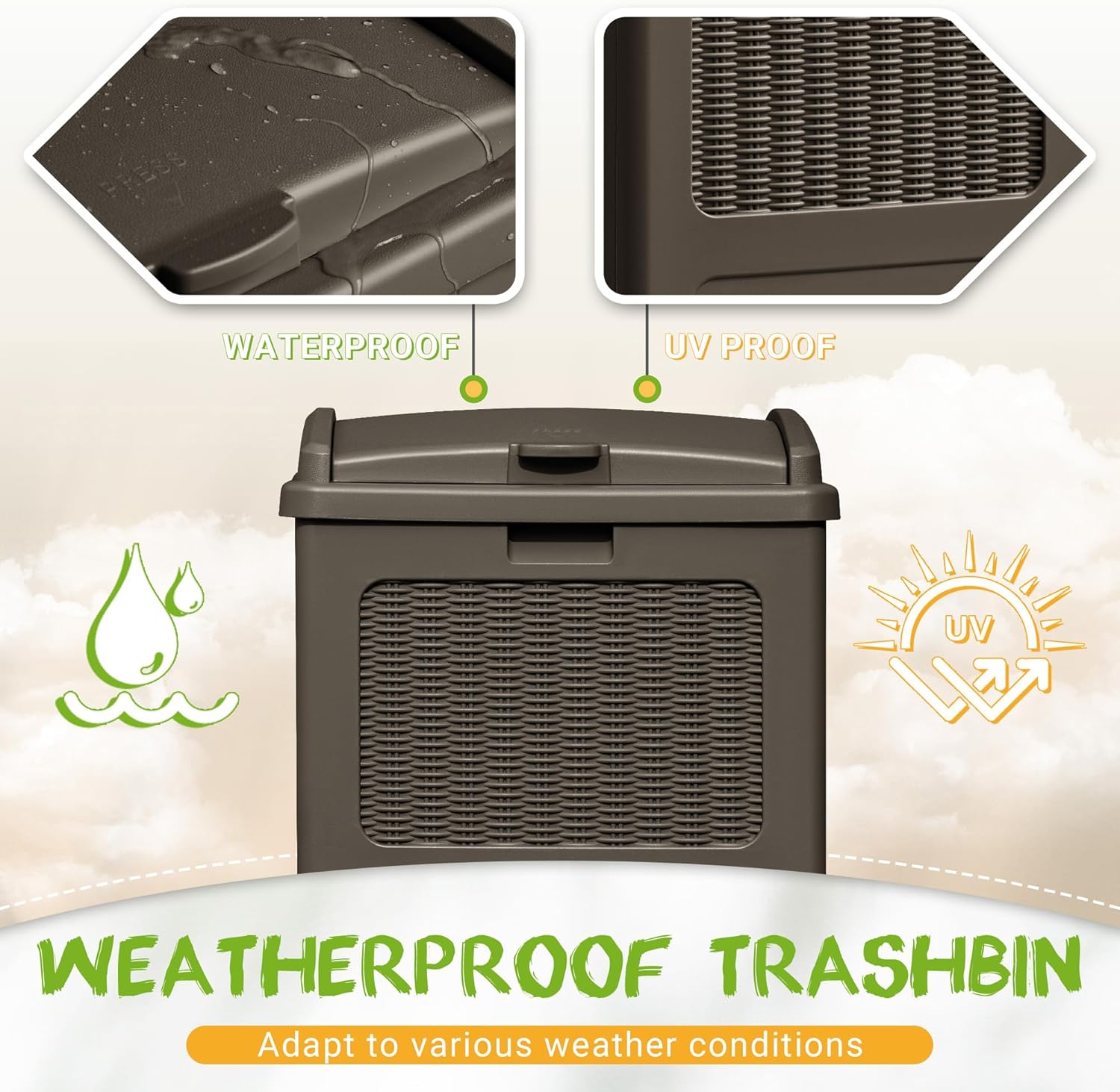 YESHOMY 2 Pack Outdoor Trash Can with Lid, Garbage Bins for Garden, Porch, Home and Kitchen, Brown