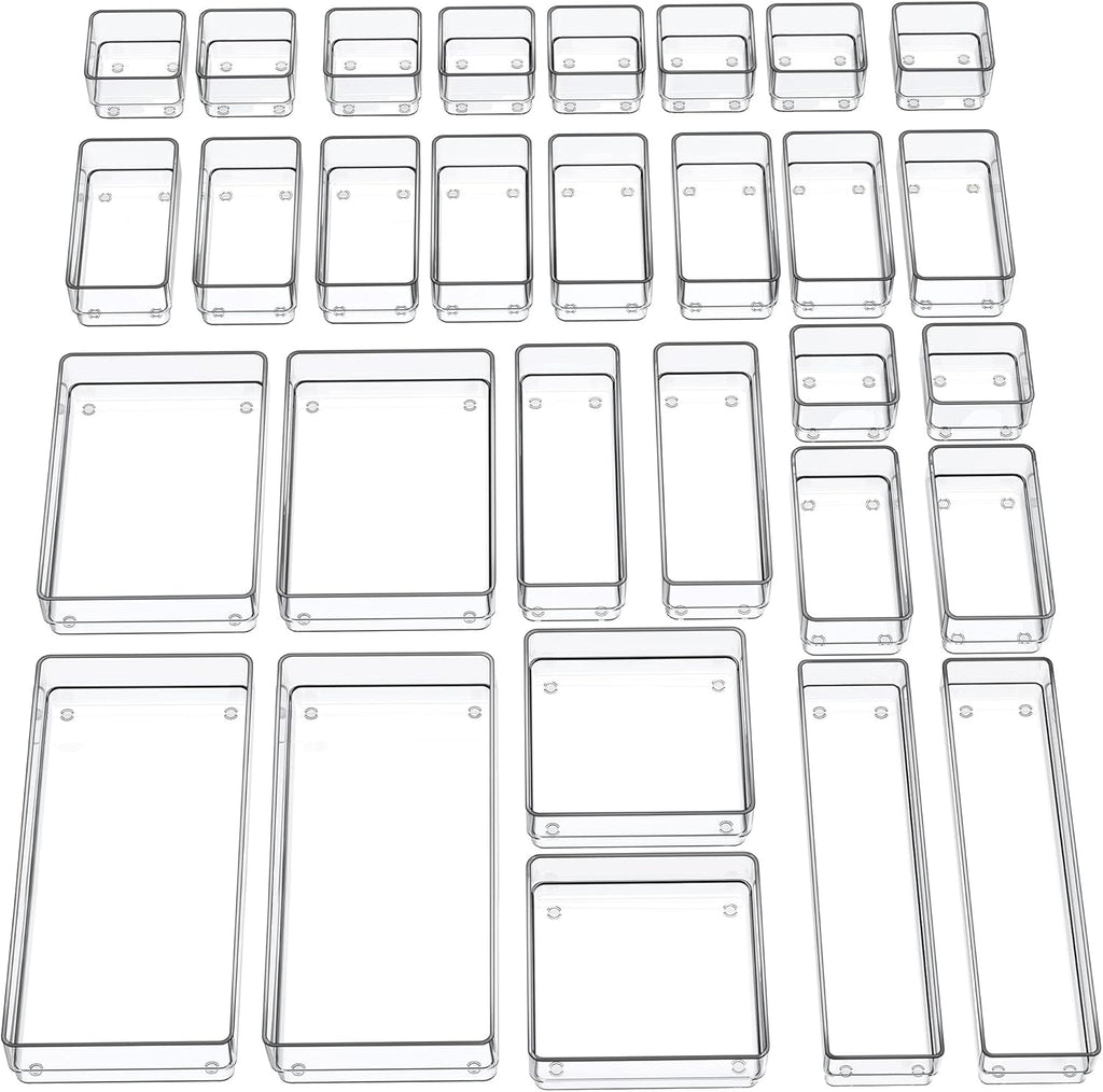 SMARTAKE 30-Piece Drawer Organizer with Non-Slip Silicone Pads, 7-Size Desk Drawer Organizer Trays Storage Tray for Makeup, Jewelries, Utensils in Bedroom Dresser, Office and Kitchen (Clear)