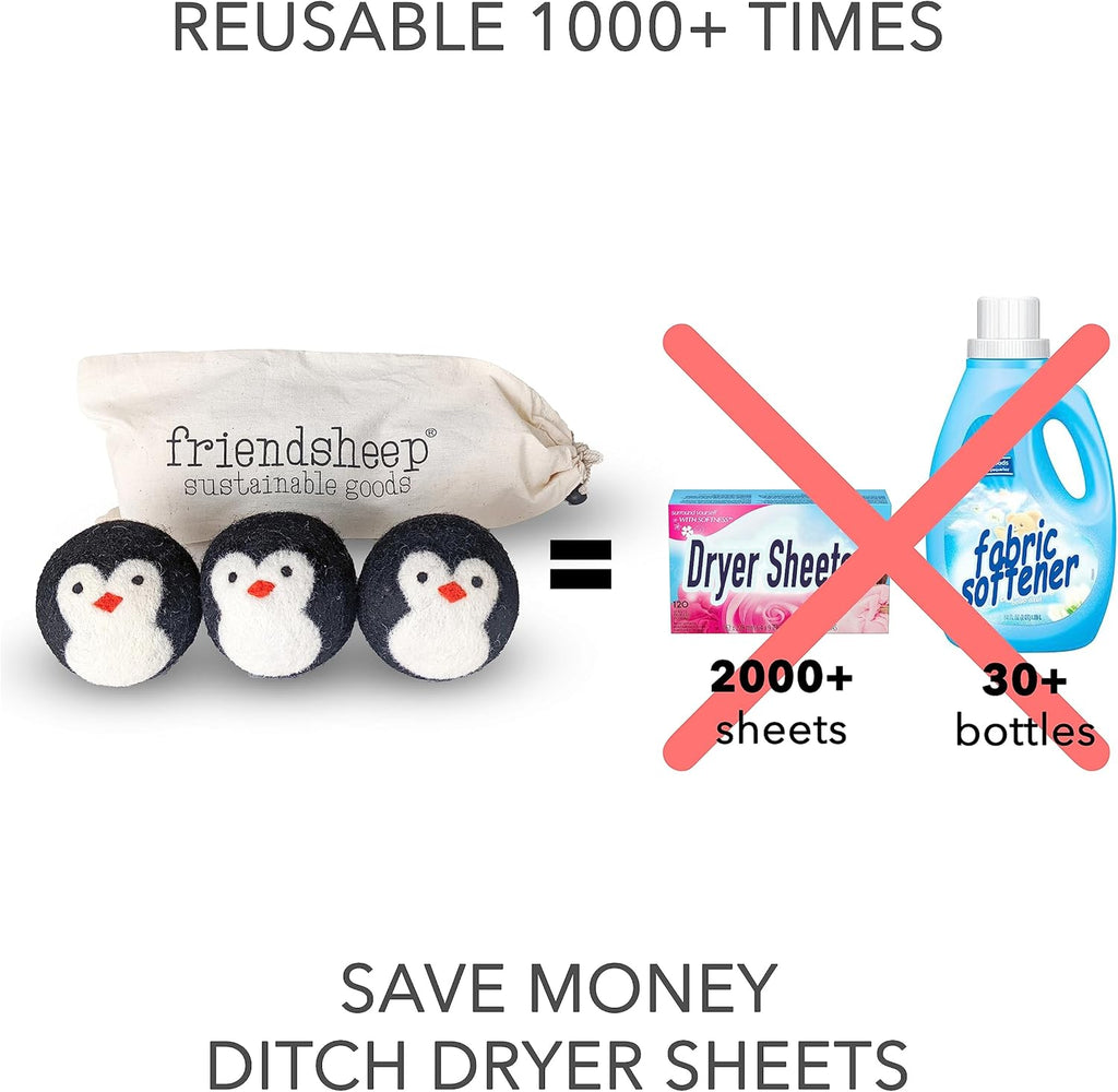 Friendsheep Wool Dryer Balls, Organic Reusable Fabric Softener Alternative for Laundry, Handmade, Fair Trade, Hypoallergenic, Eco-Friendly, Plastic-Free (3 Pack XL – Penguin)