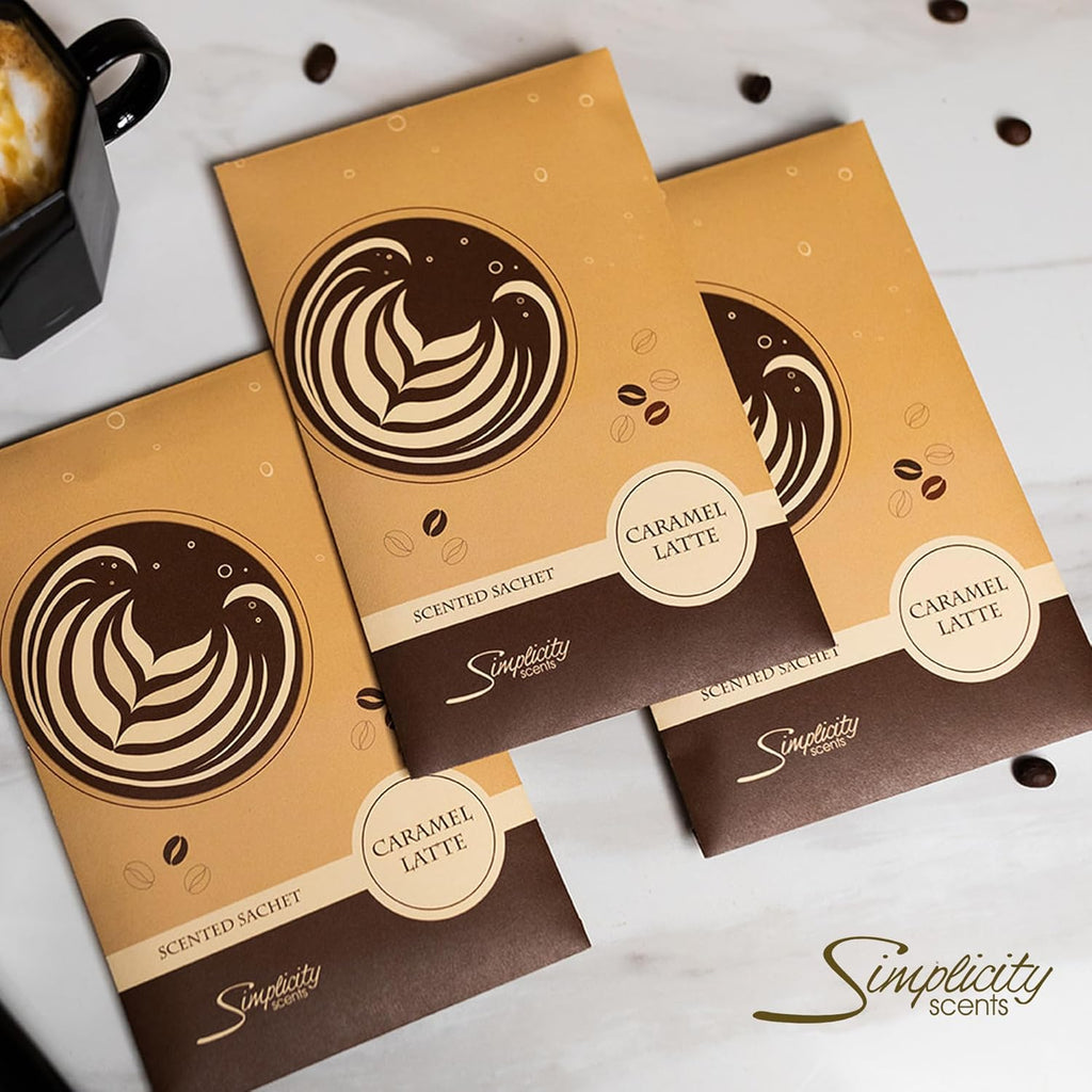 Floral Simplicity Caramel Latte Scented Sachets Pack of 6, Fall & Winter - Long-Lasting Scented Bags, Home Fragrance, Air Freshener & Deodorizer for Closet, Room, Drawer, or Cars, Made in The USA