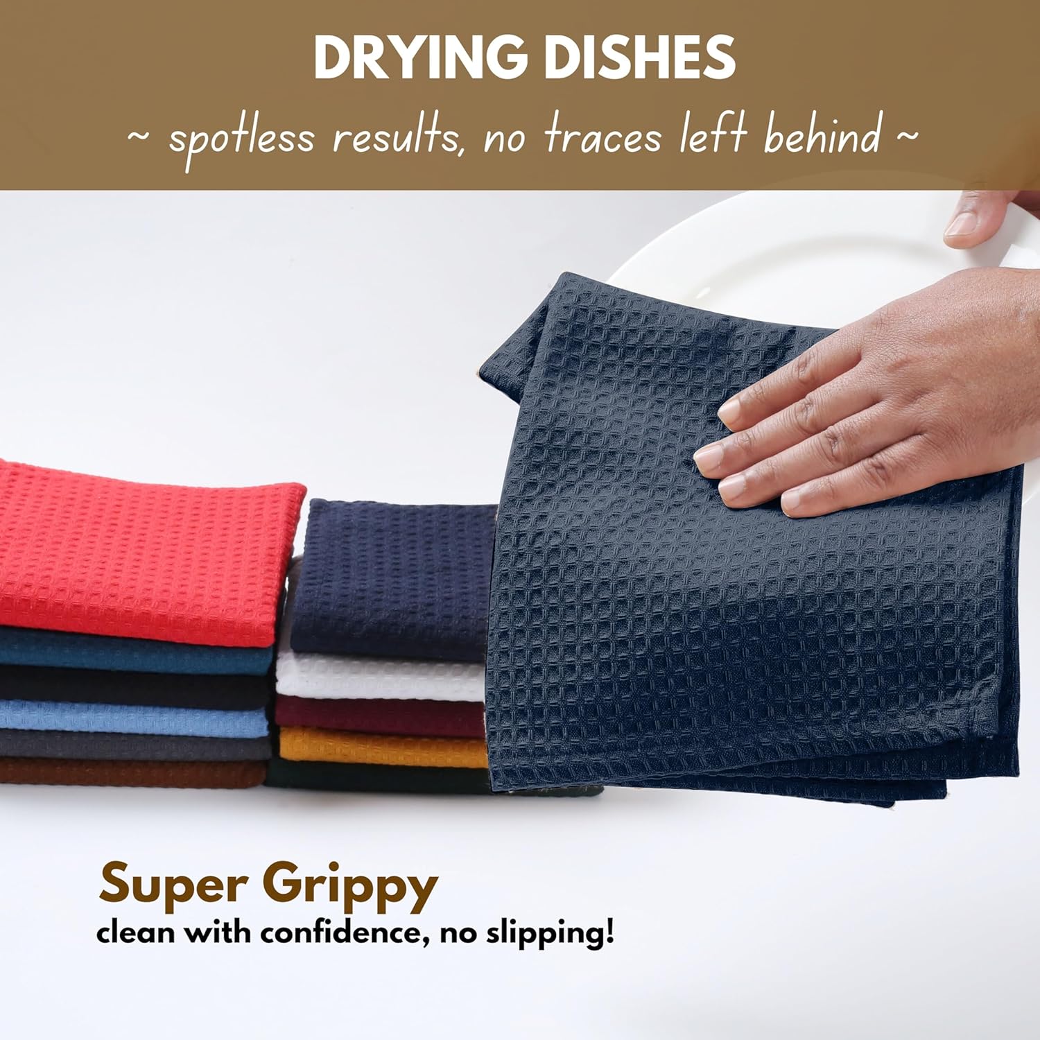 Native Fab Cotton Kitchen Towel with Hanging Loop 16x26 inches, 4-Pack, Waffle Weave Kitchen Towels for Cleaning Drying, Washcloths Soft & Absorbent Cloth Rags, Bar Towel, Dish Cloth, Navy