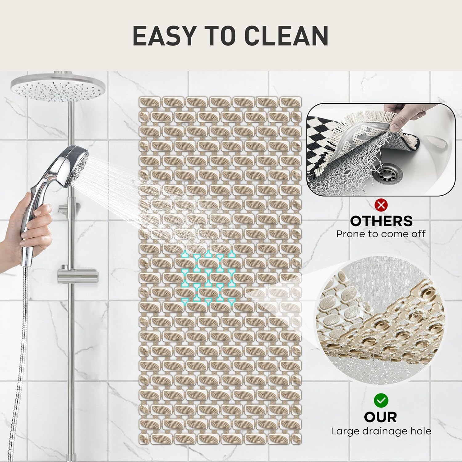 Shower Mat Non Slip Bathtub Mat - 36" x 16" Eco-Friendly Soft Bath Mat for Tub Non Slip Shower Mats for Inside Shower with Suction Cups and Drain Holes, Easy to Clean Quick-Drying, Brown