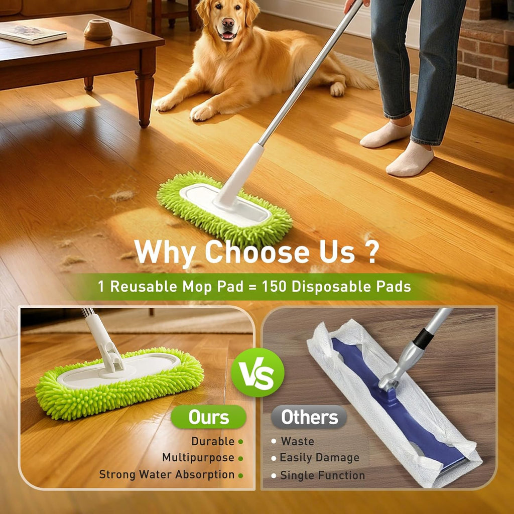 6PCS Reusable Mop Pads Fit for Flat Mops, Chenille Mop Refill Pads Washable Mop Covers, Household Replacement Mop Pads Wet & Dry Sweeping Cloths Mopping Pad Refills for Hardwood Floor Cleaning (Green)