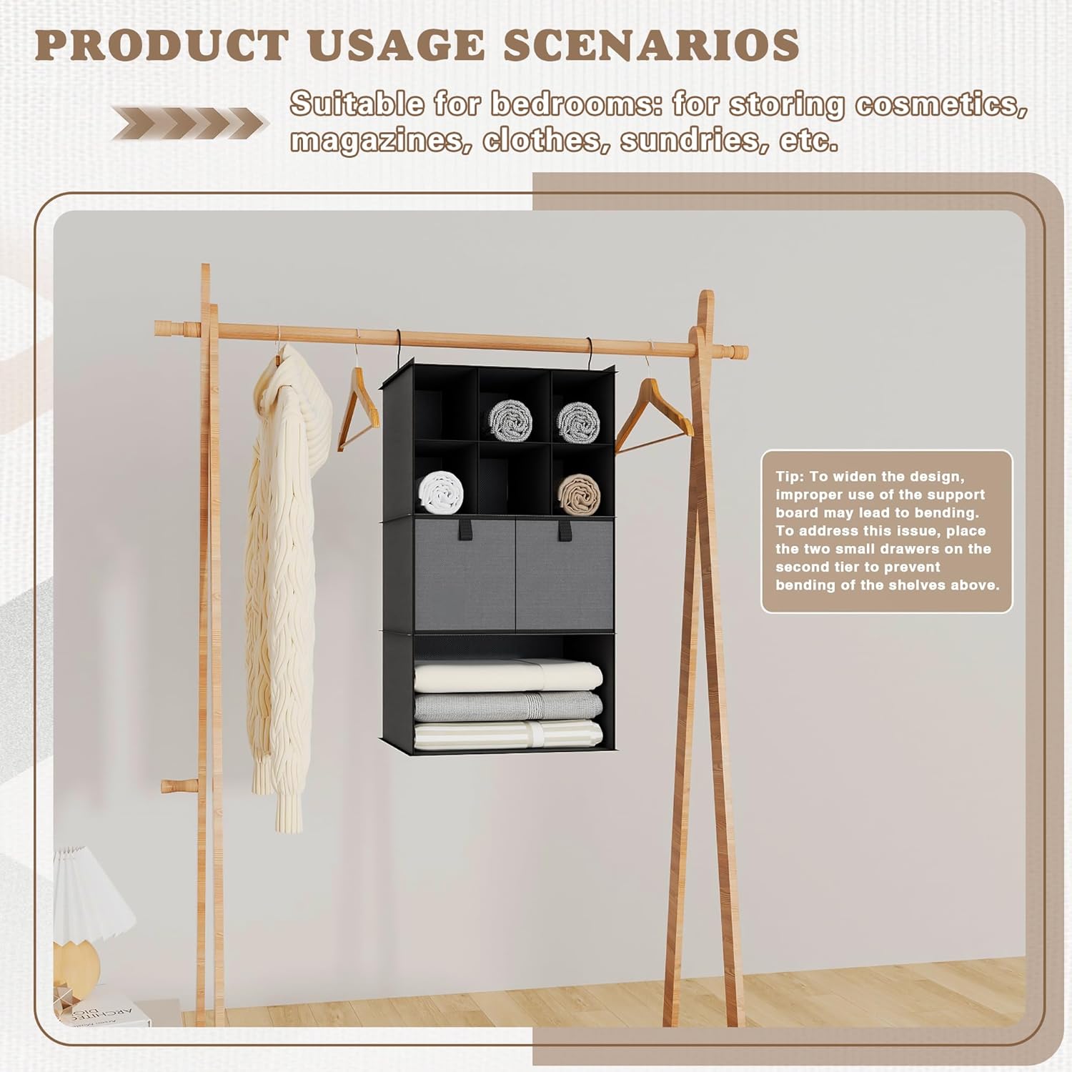 Hanging Closet Organizer 4 Shelves, 2 Drawers Closet Organization and Storage, 6 Compartments Wardrobe Clothes Organizer, Dark Gray