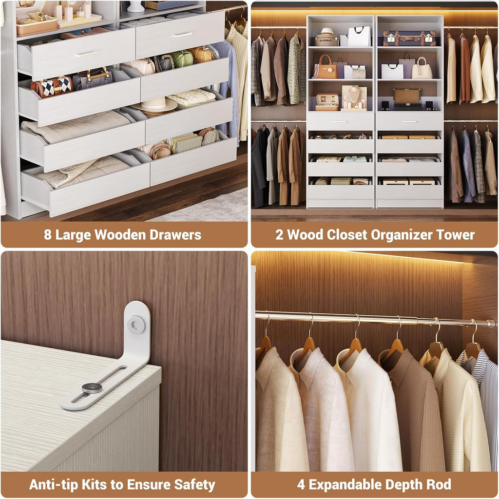 Aheaplus Closet System, 6-15Ft Closet Organizer with 8 Wooden Drawers, Wood Closet Organizer System with Tower, Walk-in Closet Organizer Wardrobe Clothes Rack with 4 Hanging Rods, Garment Rack, White