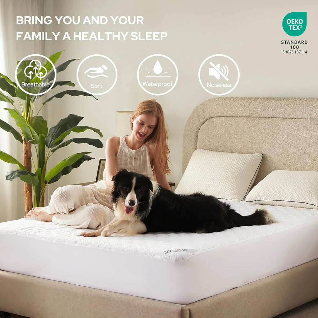 BEDLORE Waterproof Mattress Protector, Queen Size Noiseless Mattress Pad with Deep Pocket Fitted Up to 6-18 inches, Soft Noiseless Bed Mattress Cover Washable for Home, Bedroom, Hotel (White)