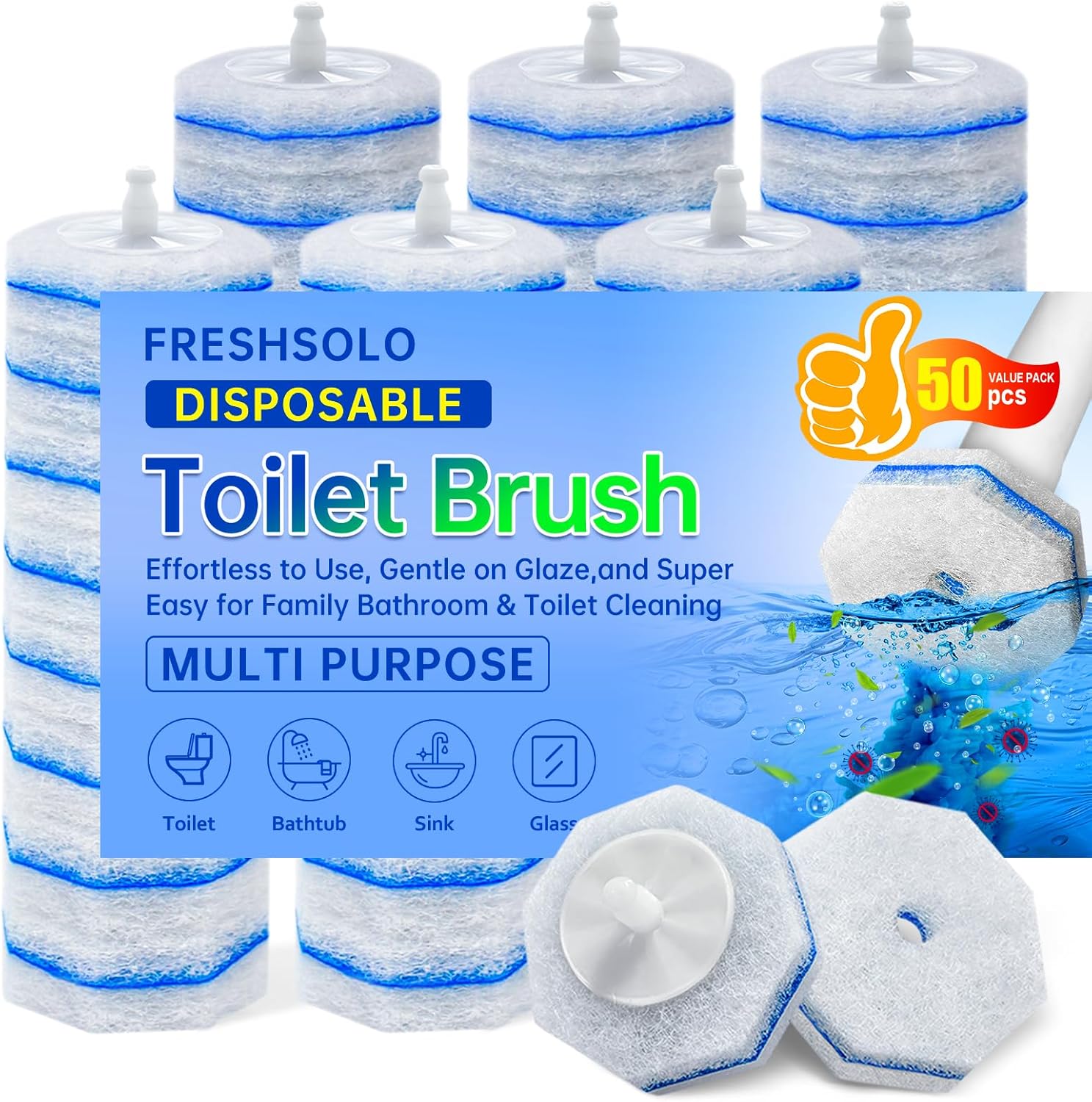 50 Count Upgraded Toilet Wand Refills | 2X Cleaning Power Toilet Bowl Cleaners | Extra Foam Disposable Brush Heads | Compatible with Most Toilet Cleaning Systems