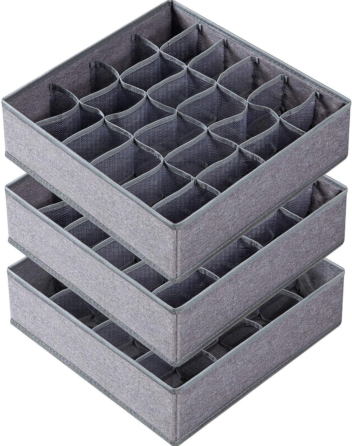 Criusia 3 Pack Sock Underwear Drawer Organizer Dividers, 64 Cell Fabric Foldable Dresser Organizer for Closet Organizers and Storage Boxes for Organizing Socks, Underwear, Ties (16+24+24 Cell, Gray)