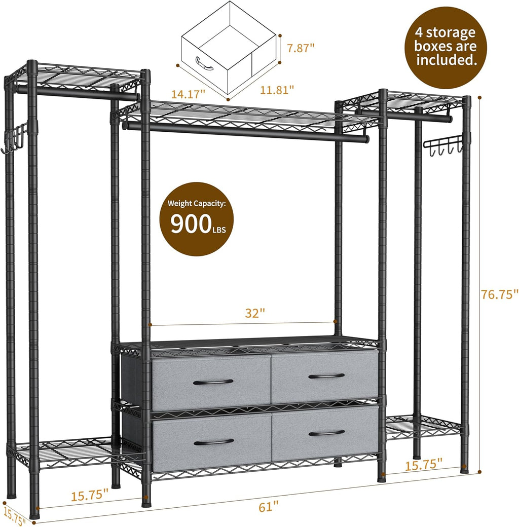 Large Garment Rack Heavy Duty Clothes Rack,Freestanding Closet Portable Clothing Rack with 8 Adjustable Wire Shelves,3 Hang Rods,4 Fabric Drawers,2 Hooks,Metal Closet Storage Wardrobe,MaxLoad 900lbs