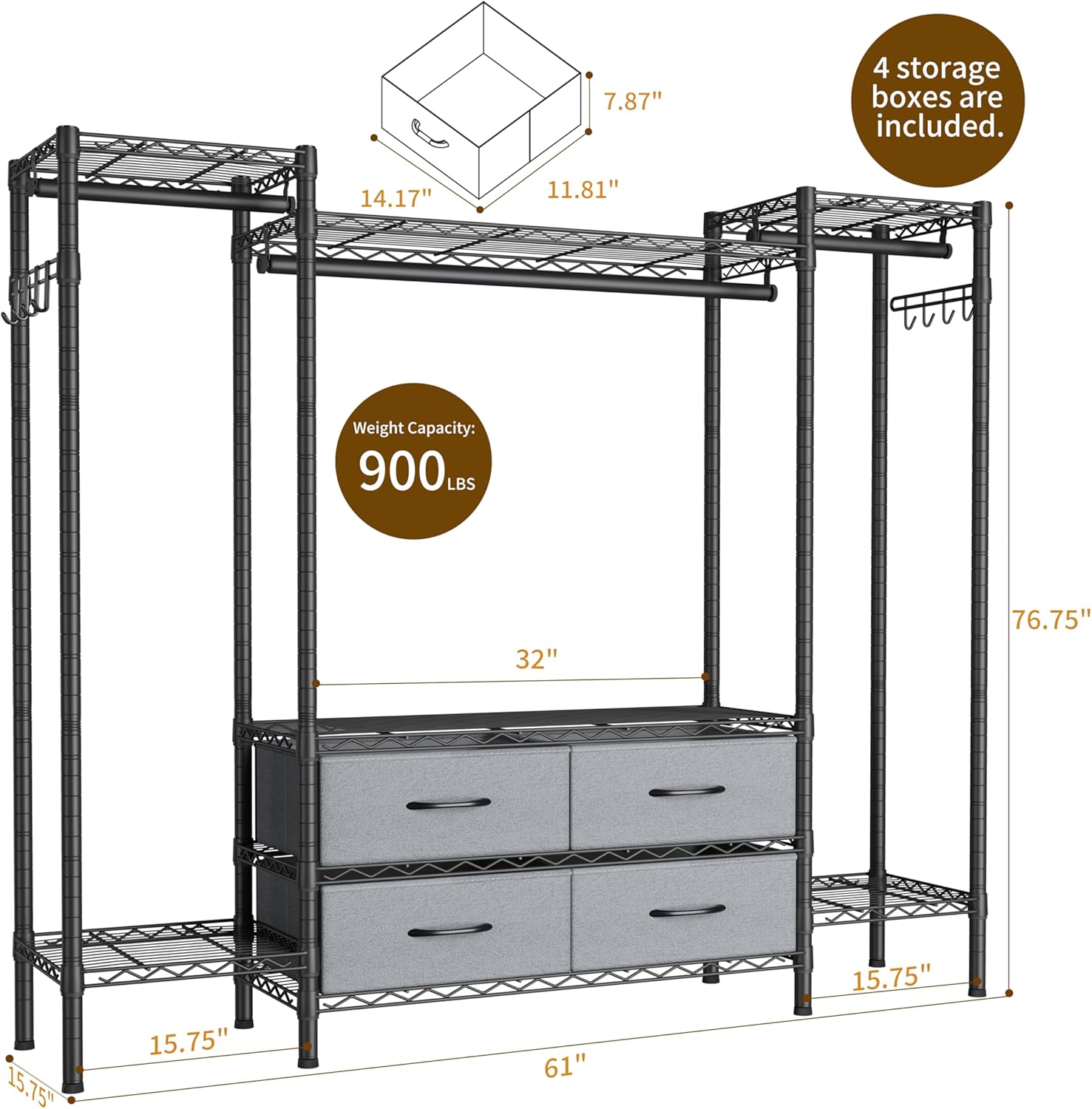 Large Garment Rack Heavy Duty Clothes Rack,Freestanding Closet Portable Clothing Rack with 8 Adjustable Wire Shelves,3 Hang Rods,4 Fabric Drawers,2 Hooks,Metal Closet Storage Wardrobe,MaxLoad 900lbs