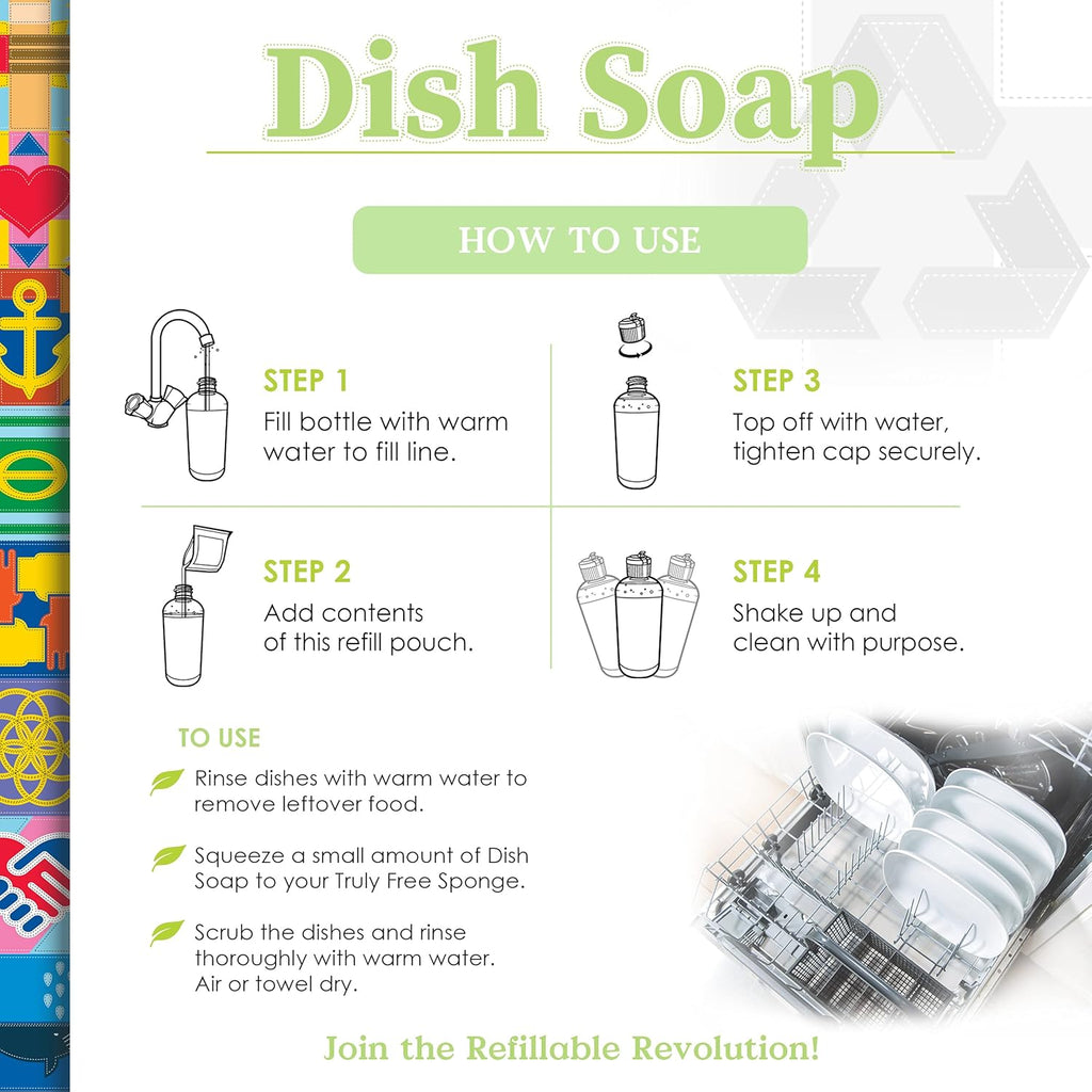 Truly Free Natural Concentrated Dish Detergent Dishwashing Liquid | Plant-Based Dish Soap | Sweet Basil Fresh Scent | 2 Refill Packs with 1 Empty Refillable Squeeze Bottle (16 Oz)