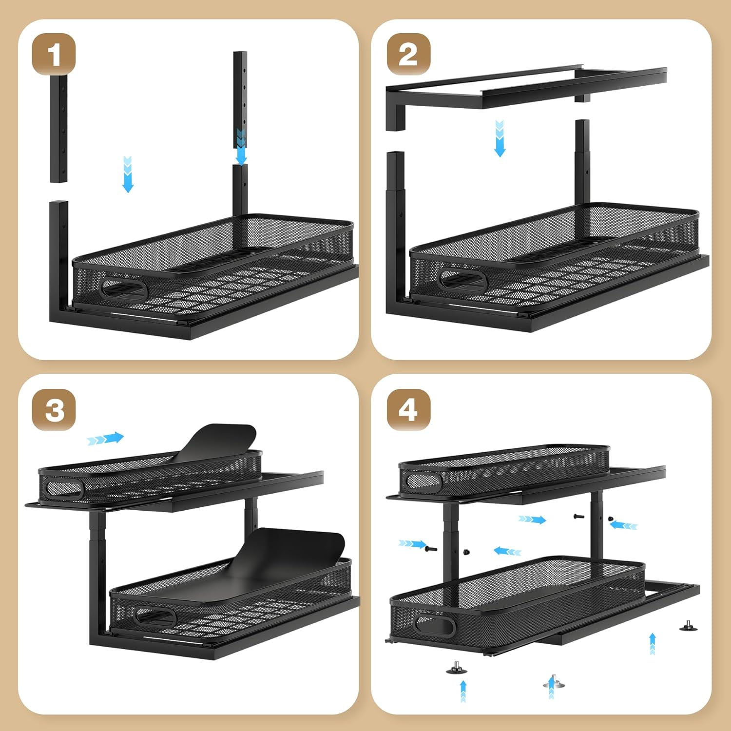 2-Pack 21.3 IN Depth Under Sink Organizer With Next-Gen Ball-Bearing Slides,Sophisticated Mesh 2-Tier Pull Out Shelf for Kitchen & Bathroom,Fits Small Items-Black