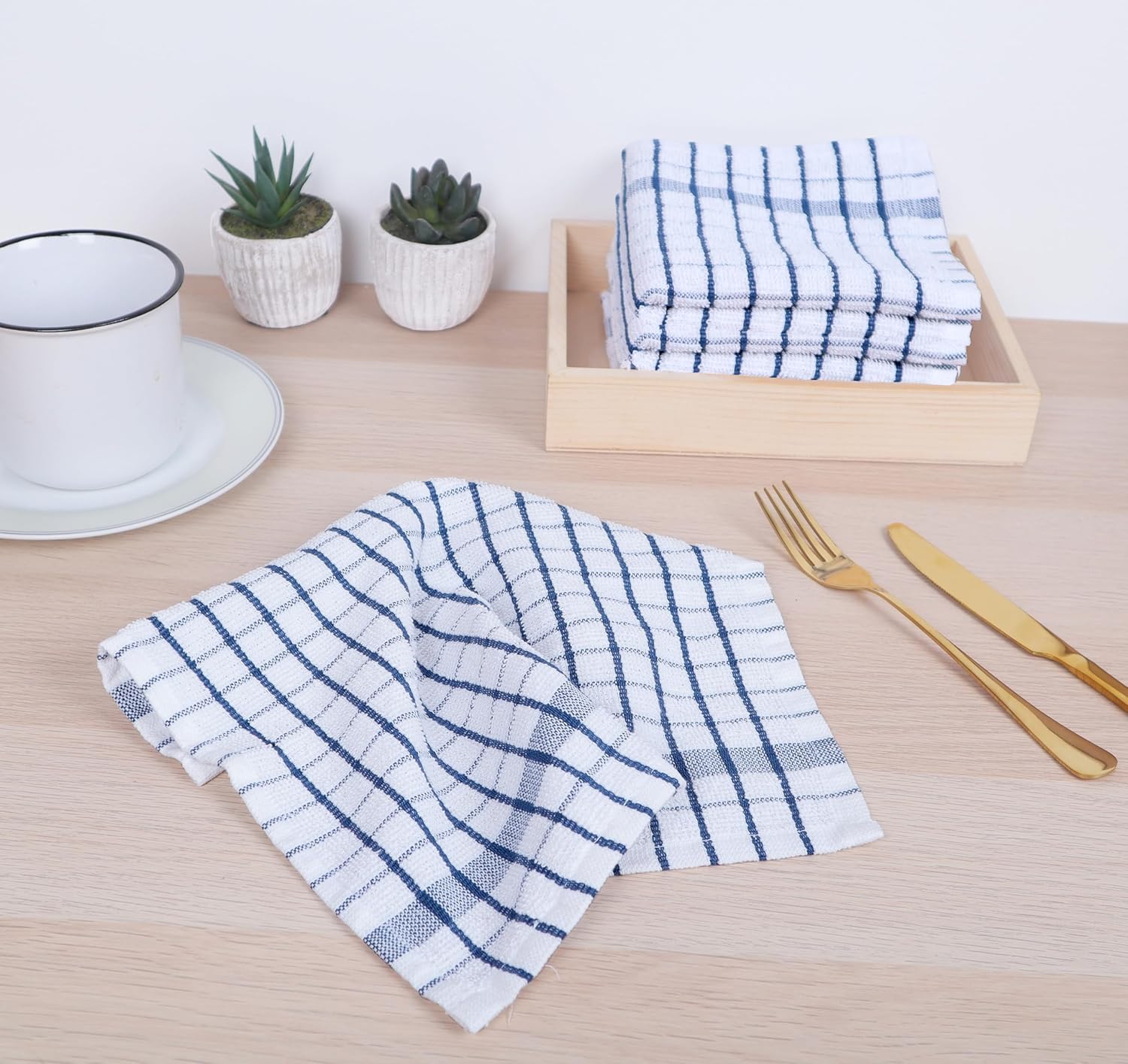 AMOUR INFINI Kitchen Dish Cloths Set of 8 - Ultra Soft, Highly Absorbent, Quick-Drying Terry Cotton Dishcloths 12"x12" Inch Wash & Cleaning Cloths for Kitchen & Dishwashing (Blue)