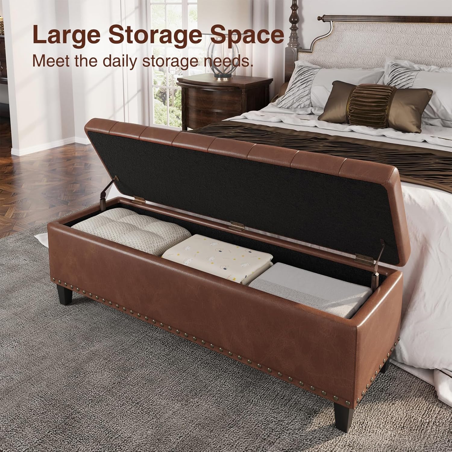 Storage Ottoman Bench, 51-Inch Large Storage Bench for Bedroom End of Bed, 30 Gallons Faux Leather Bench for Bedroom, Living Room, Entryway, Hallway, Brown