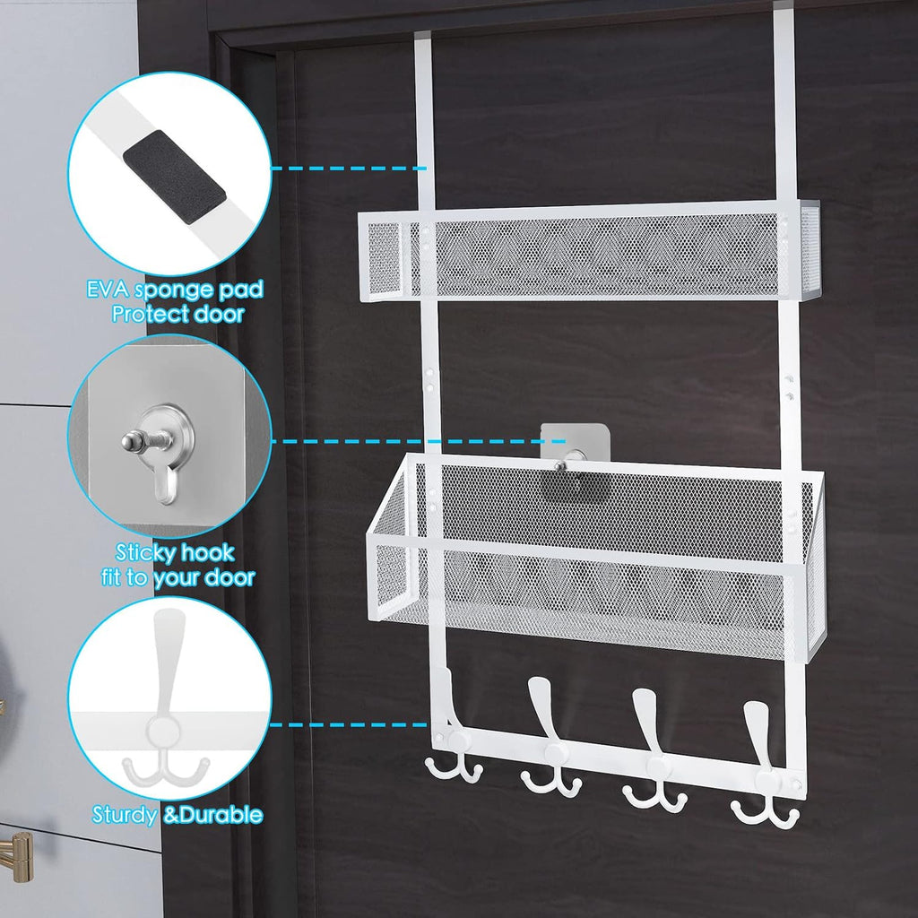 Over The Door Hooks Organizer, Coat Rack Over The Door Storage Hanger Towel Rack, Back of Door Storage Organizer for Bathroom,Bedroom,Kitchen,Office (White 3-Tier)