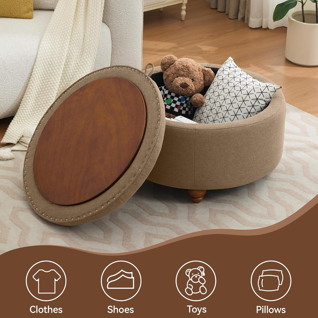 30Inch Round Storage Ottoman with Tray, Modern Tufted Fabric Circle Coffee Table with Storage, Upholstered Ottoman with Removable Top for Living Room, Bedroom, Brown