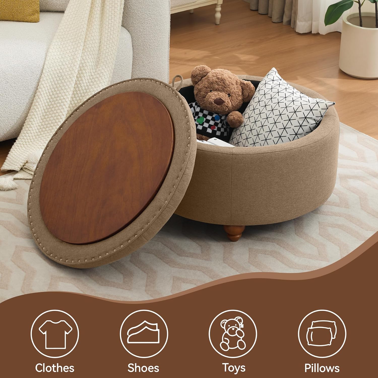 30Inch Round Storage Ottoman with Tray, Modern Tufted Fabric Circle Coffee Table with Storage, Upholstered Ottoman with Removable Top for Living Room, Bedroom, Brown