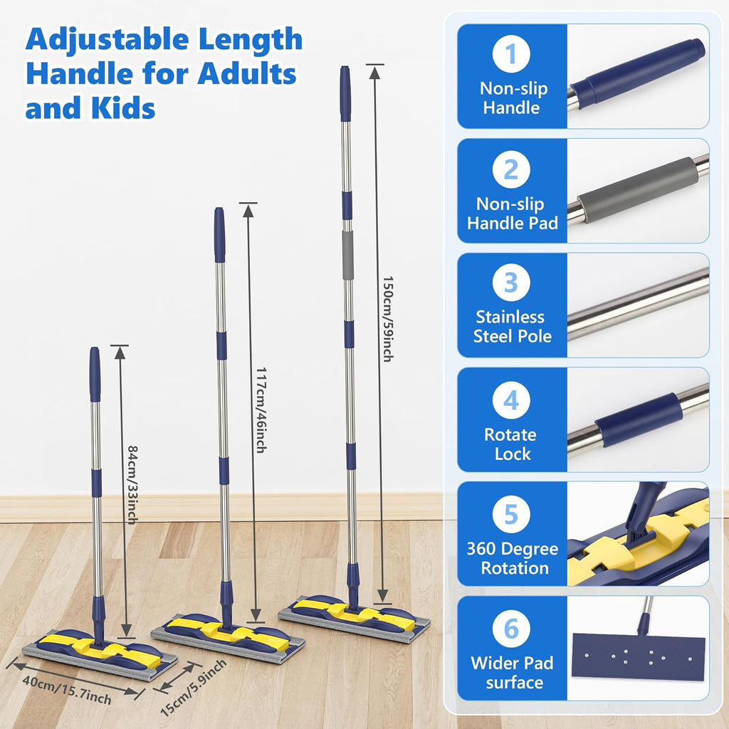 MEXERRIS Microfiber Flat Mop for Hardwood Laminate Tile Floor Cleaning: Stainless Steel Handle - 4 Reusable Flat Mop Refills and 1 Dirt Removal Scrubber Included - Dry Dust Mop Commercial Home Use
