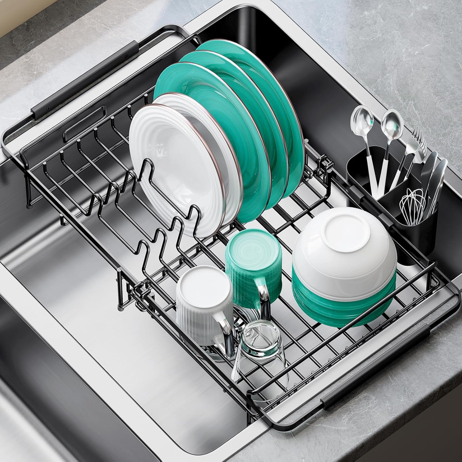 Dish Drying Rack in Sink - Expandable (14.5''-18''L) Over The Sink Dish Rack with Utensil Holder, Space-Saving Dish Drainer for Kitchen Counter, 1 Piece, Matte Black