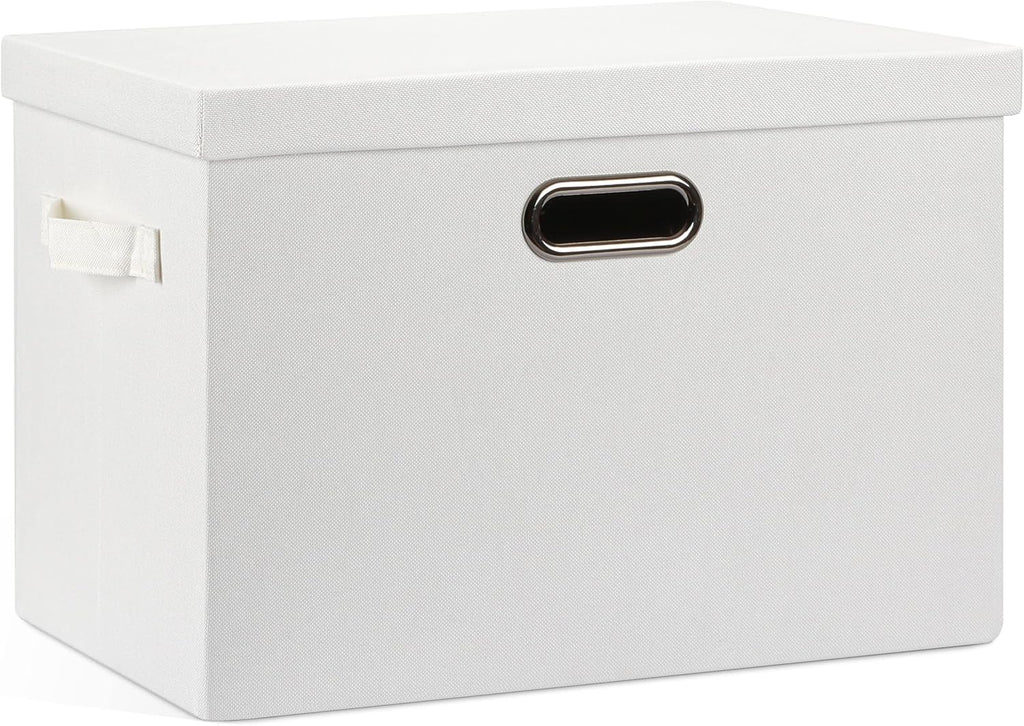 Large 17" 36 Quart Collapsible Stackable Storage Bins with Lids, 1 Pack White Foldable Fabric Closet Storage Boxes with Lids, 4 Handles Heavy-duty Linen Cube Baskets for Bedroom