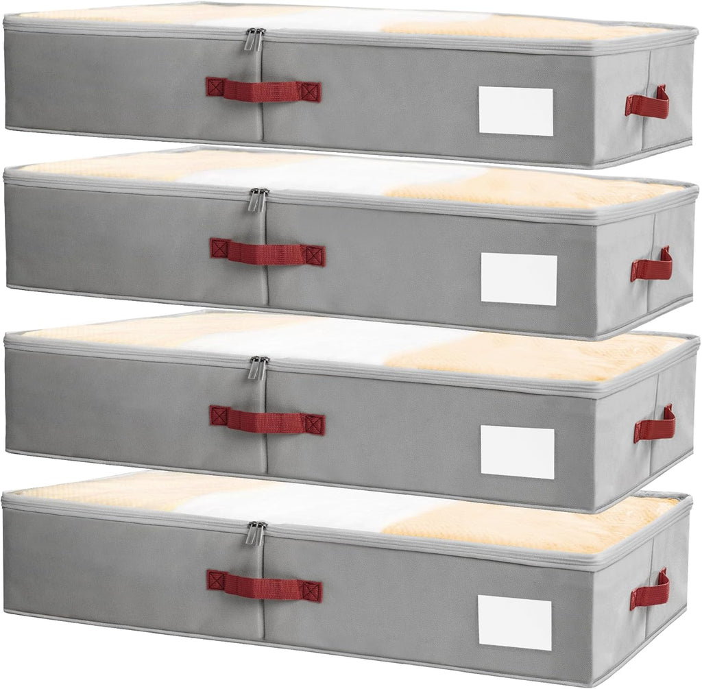 Criusia Under Bed Storage Bins with Clear PVC Lids – 4 Pack Large Underbed Organizers with Heavy-Duty Handles, Reinforced with 800G PP Panels & 80G Non-Woven Fabric – Waterproof & Foldable, Gery