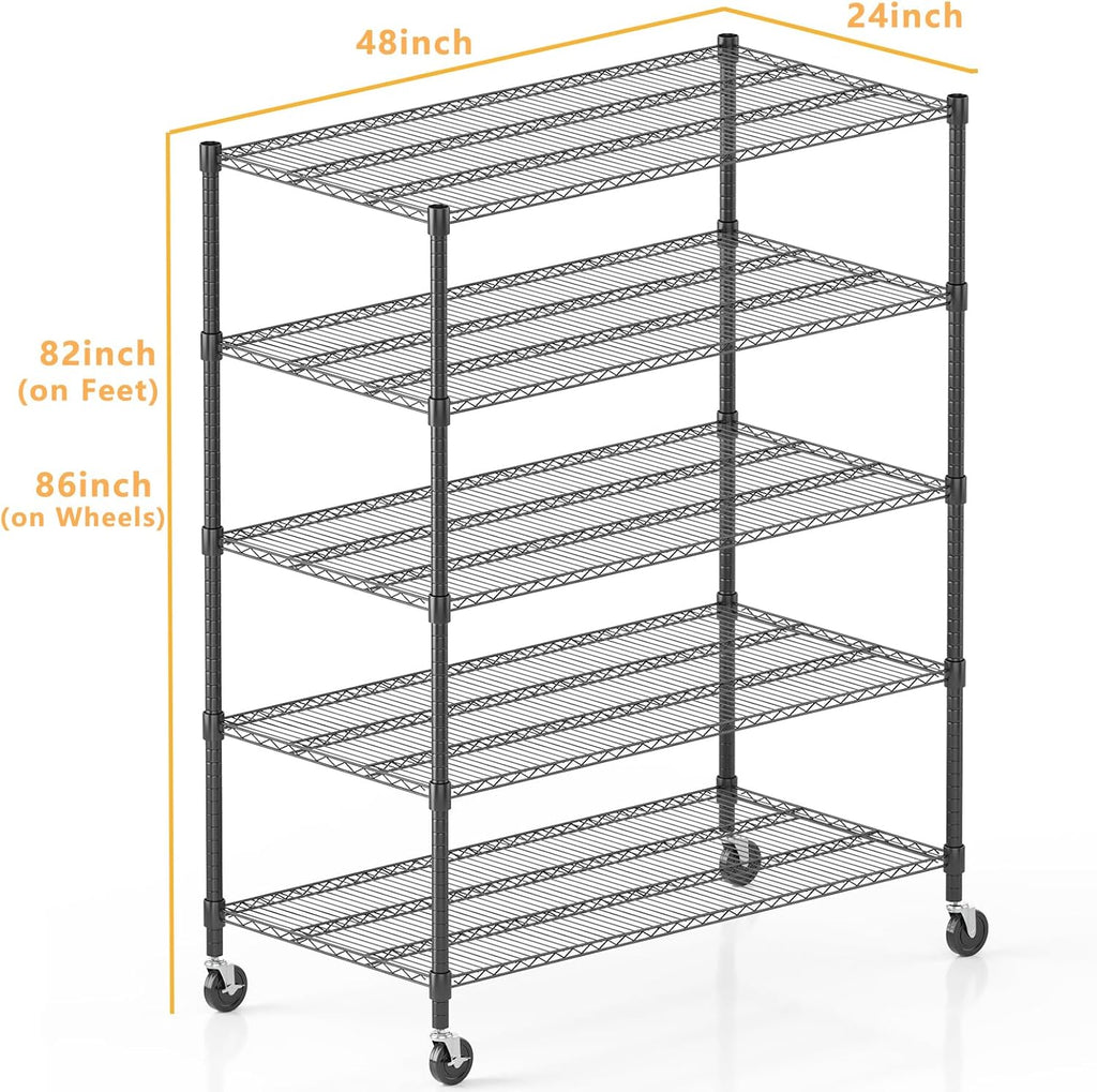 Himimi 5 Tier Wire Shelving with Wheels Heavy Duty Height Adjustable Metal Shelves for Storage, Commercial Grade Steel Utility Wire Rack for Kitchen Garage Pantry Organization-24×48×82, Silver