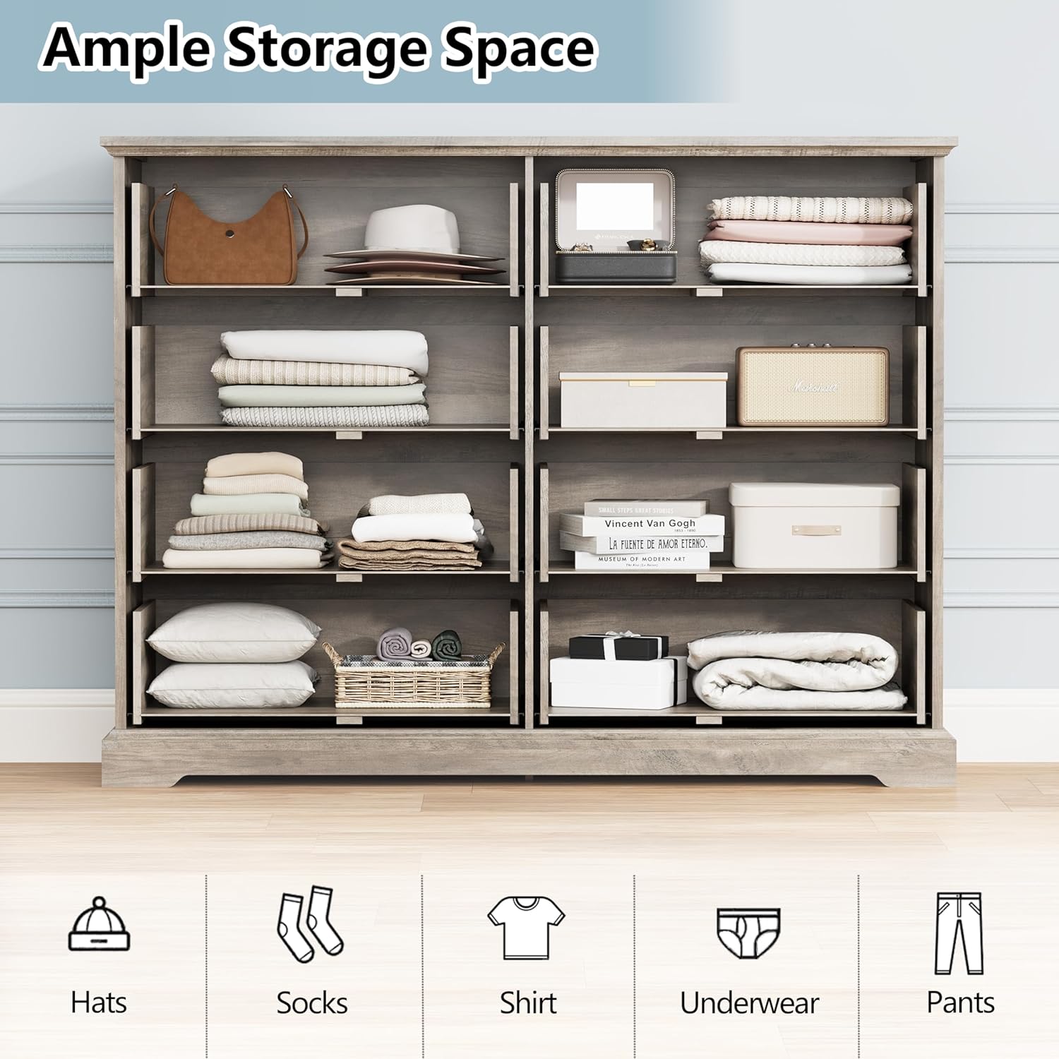 8 Drawer Dresser for Bedroom, 47" Wide Wooden Chest of Drawers, Rustic Farmhouse Dresser with Large Drawers & Metal Handles, Modern Storage Organizer for Closet, Living Room, Hallway, Grey