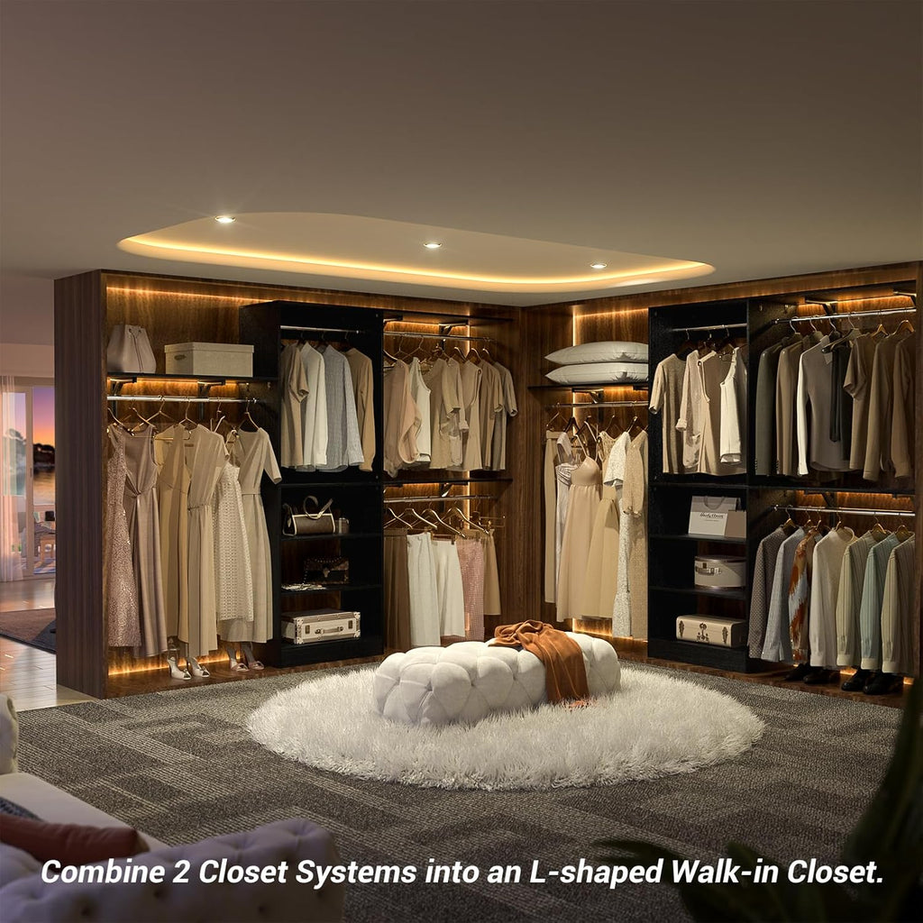 8FT Closet System with Shelves, 96'' Closet Organizer System with 3 Hanging Rods, Wall Mount Bedroom Wardrobe Walk-in Closet, Adjustable Cloth Garment Rack from 5 to 8FT (Cut to Fit), Black