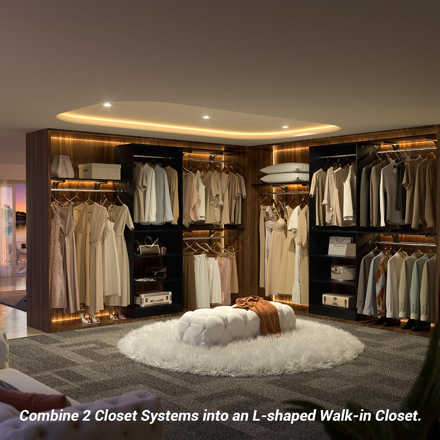 8FT Closet System with Shelves, 96'' Closet Organizer System with 3 Hanging Rods, Wall Mount Bedroom Wardrobe Walk-in Closet, Adjustable Cloth Garment Rack from 5 to 8FT (Cut to Fit), Black