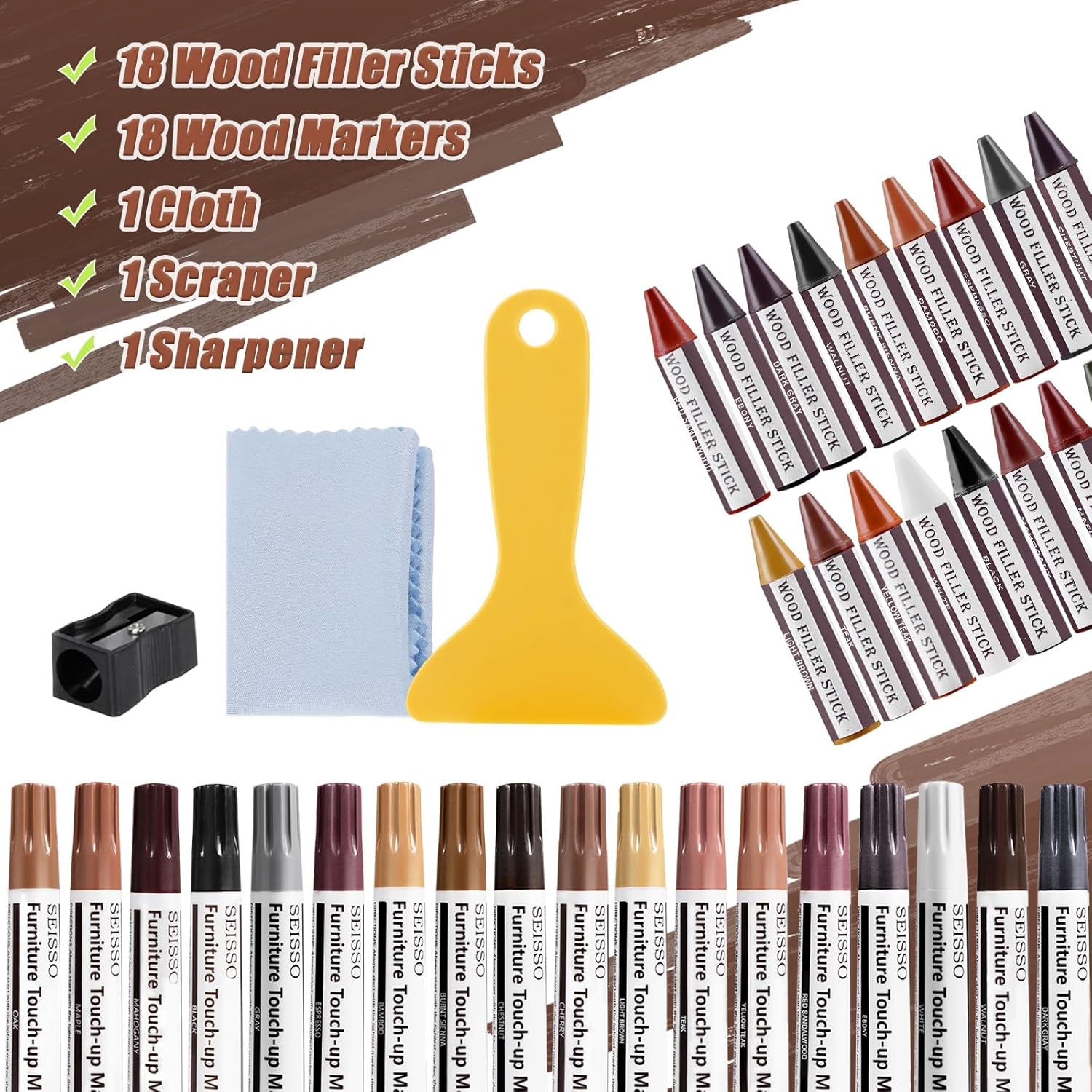 SEISSO 18 Colors Wood Wax Sticks ＆ Wood Markers Furniture Repair Kit - Set of 39 - Wood Floor Scratch Repair, Furniture Markers Touch Up Restore Wood Floors, Tables, Holes, Laminate, Carpenters