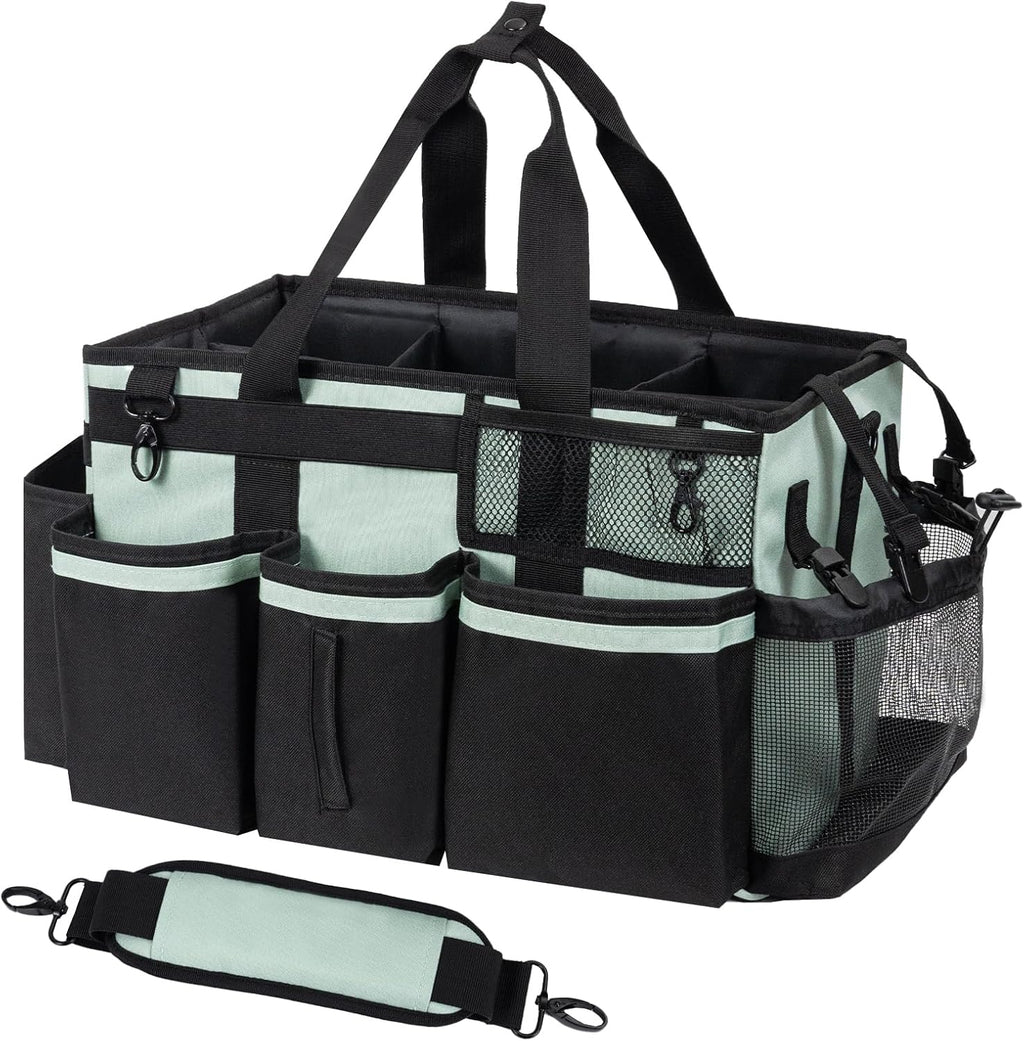 Wearable Cleaning Caddy, Cleaning Caddy Supplies Organizer with Handle & Shoulder Straps for Housekeepers, Under Sink & Car Cleaning Tool Organizers Bag with 4 Foldable Divider (Celadon)